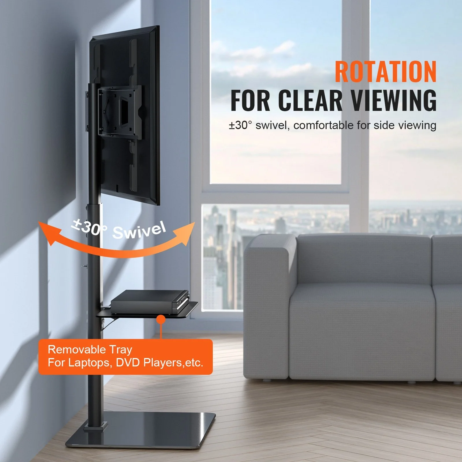 TV Stand Mount, Swivel Tall TV Stand for 32 to 65 inch TVs, Height Adjustable Portable Floor TV Stand with Tempered Glass Base for Bedroom, Living Room - Image 4