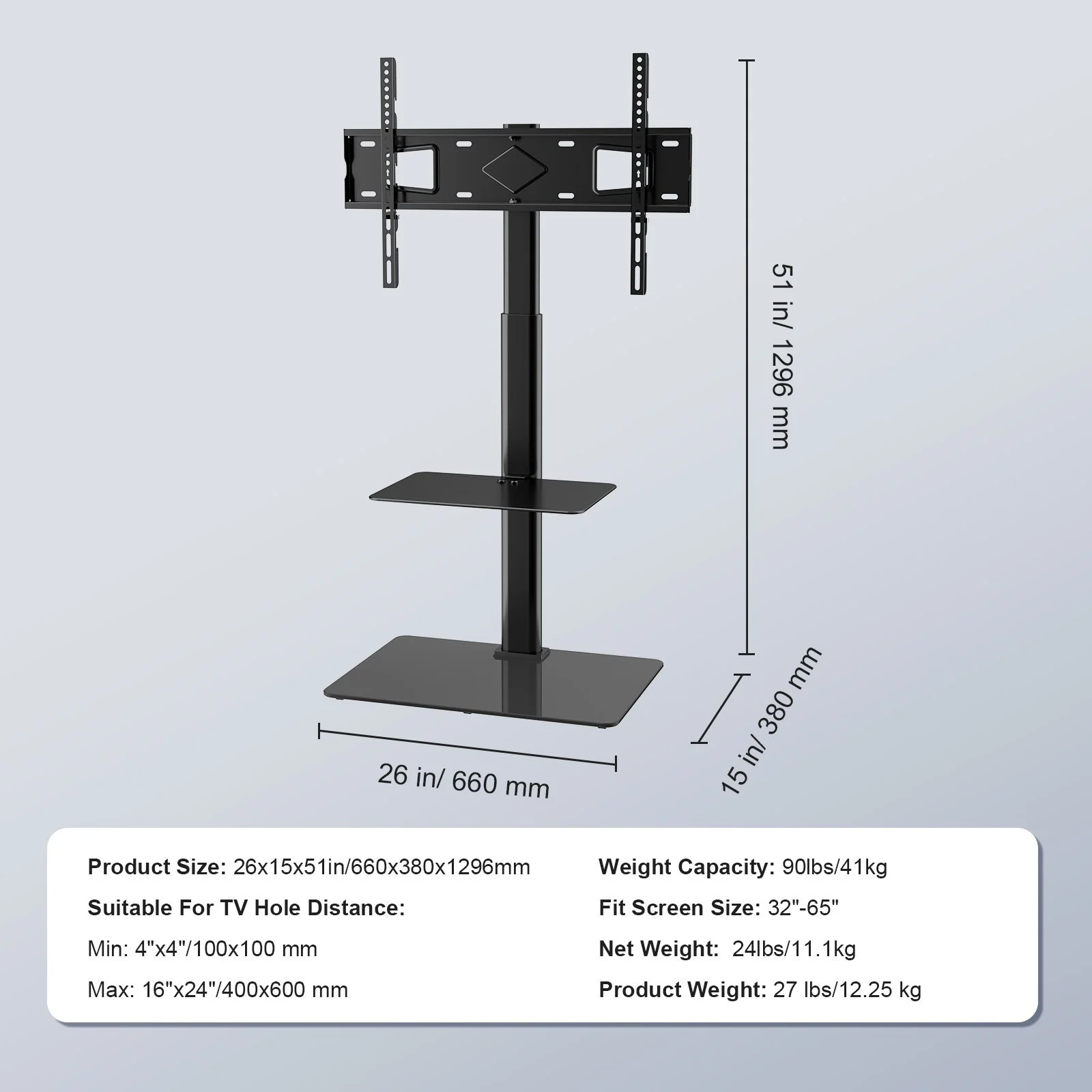 TV Stand Mount, Swivel Tall TV Stand for 32 to 65 inch TVs, Height Adjustable Portable Floor TV Stand with Tempered Glass Base for Bedroom, Living Room - Image 5