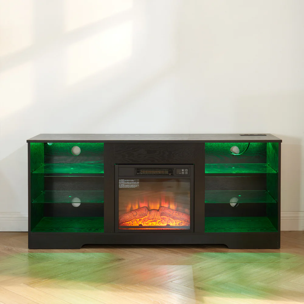 TV Stand Electric Fireplace TV Stand with Glass Shelves, 3D Fireplace TV Stand with LED Lights Wood with USB Charging Outlet Modern Television Table Center for TV up to 32-62' Black 58''W*15.4''D*24.4 - Image 13