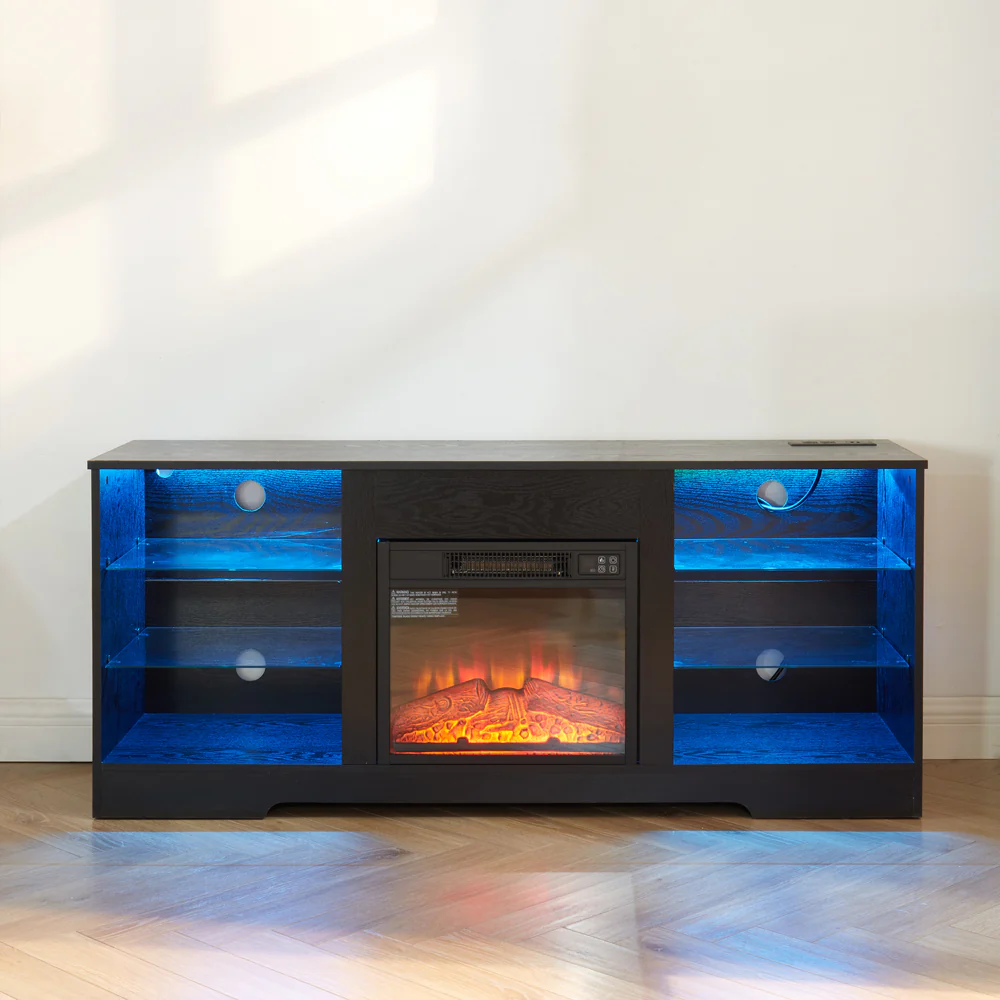 TV Stand Electric Fireplace TV Stand with Glass Shelves, 3D Fireplace TV Stand with LED Lights Wood with USB Charging Outlet Modern Television Table Center for TV up to 32-62' Black 58''W*15.4''D*24.4 - Image 14