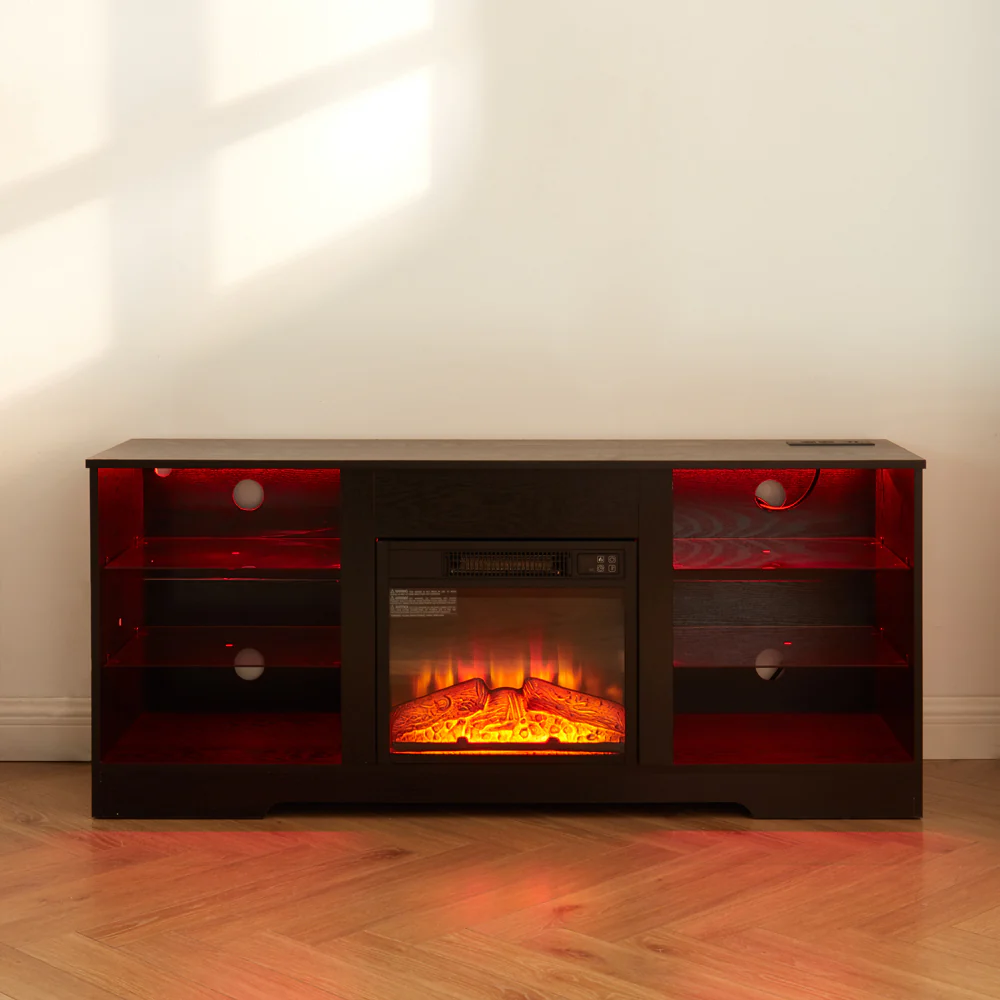 TV Stand Electric Fireplace TV Stand with Glass Shelves, 3D Fireplace TV Stand with LED Lights Wood with USB Charging Outlet Modern Television Table Center for TV up to 32-62' Black 58''W*15.4''D*24.4 - Image 16