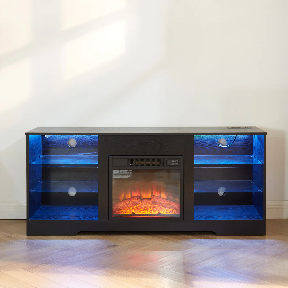 TV Stand Electric Fireplace TV Stand with Glass Shelves, 3D Fireplace TV Stand with LED Lights Wood with USB Charging Outlet Modern Television Table Center for TV up to 32-62' Black 58''W*15.4''D*24.4 - Image 17