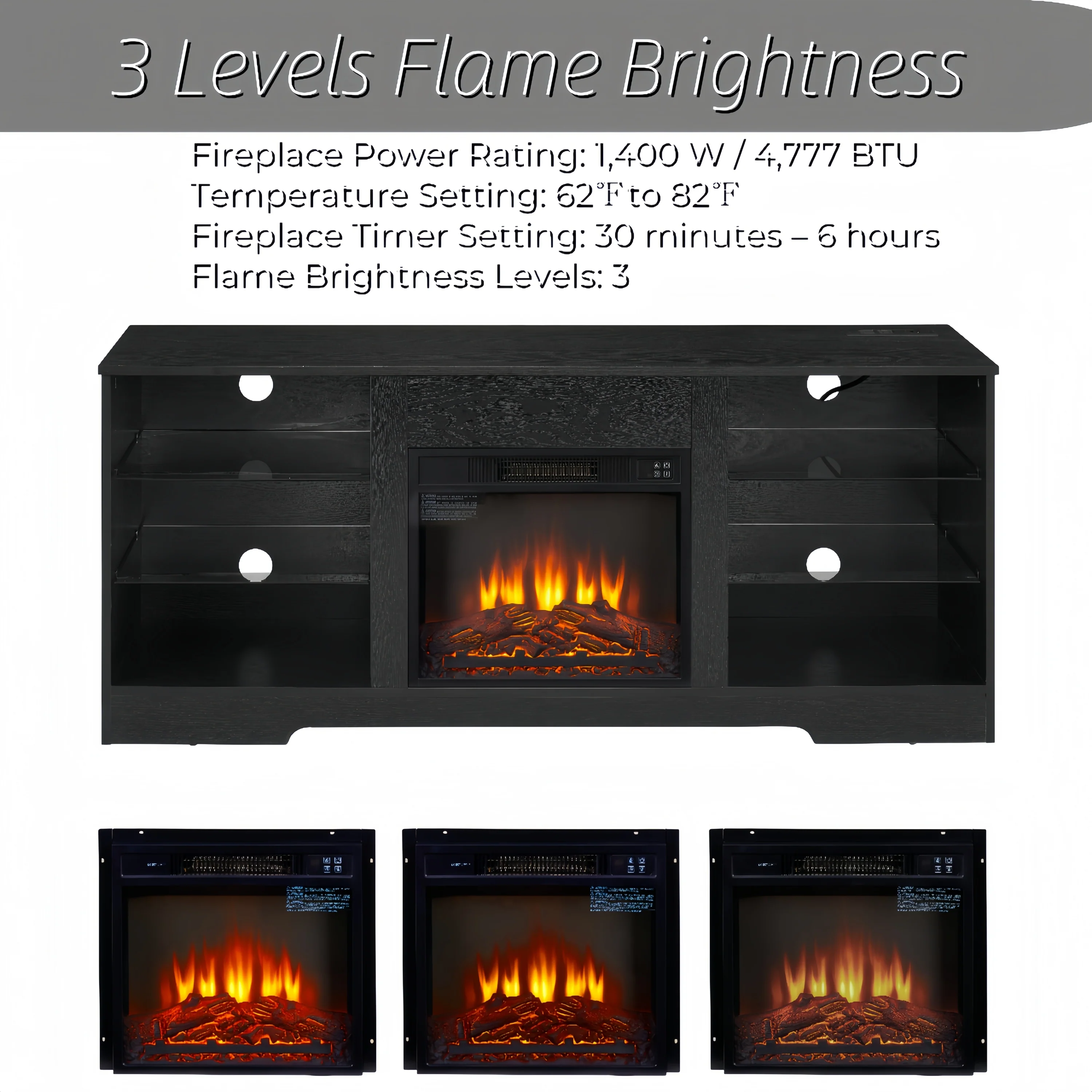 TV Stand Electric Fireplace TV Stand with Glass Shelves, 3D Fireplace TV Stand with LED Lights Wood with USB Charging Outlet Modern Television Table Center for TV up to 32-62' Black 58''W*15.4''D*24.4 - Image 7
