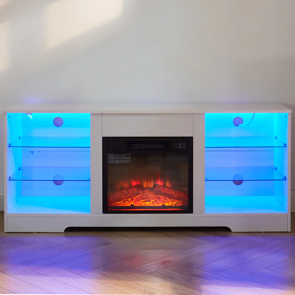 TV Stand Electric Fireplace TV Stand with Glass Shelves, 3D Fireplace TV Stand with LED Lights Wood with USB Charging Outlet Modern Television Table Center for TV up to 32-62' White 58''W*15.4''D*24.4 - Image 13