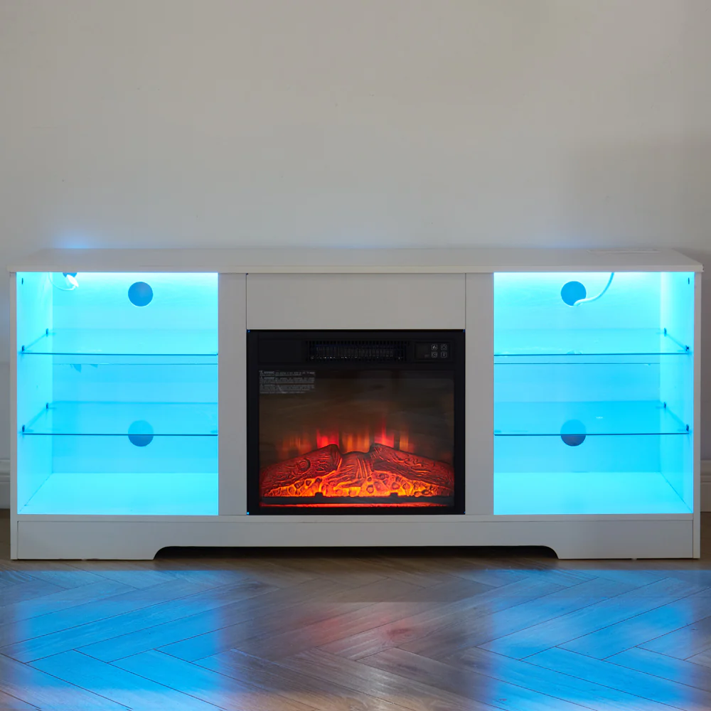 TV Stand Electric Fireplace TV Stand with Glass Shelves, 3D Fireplace TV Stand with LED Lights Wood with USB Charging Outlet Modern Television Table Center for TV up to 32-62' White 58''W*15.4''D*24.4 - Image 15
