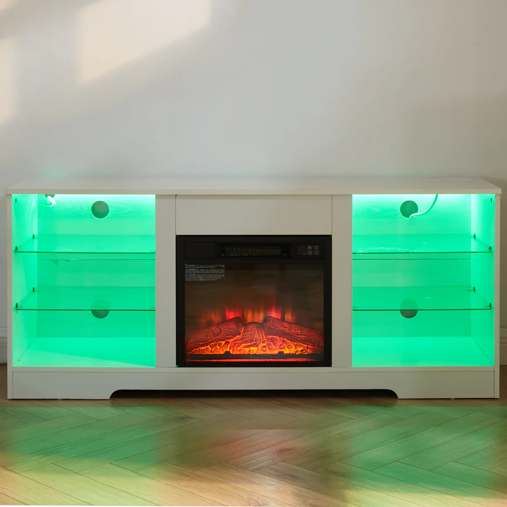 TV Stand Electric Fireplace TV Stand with Glass Shelves, 3D Fireplace TV Stand with LED Lights Wood with USB Charging Outlet Modern Television Table Center for TV up to 32-62' White 58''W*15.4''D*24.4 - Image 17