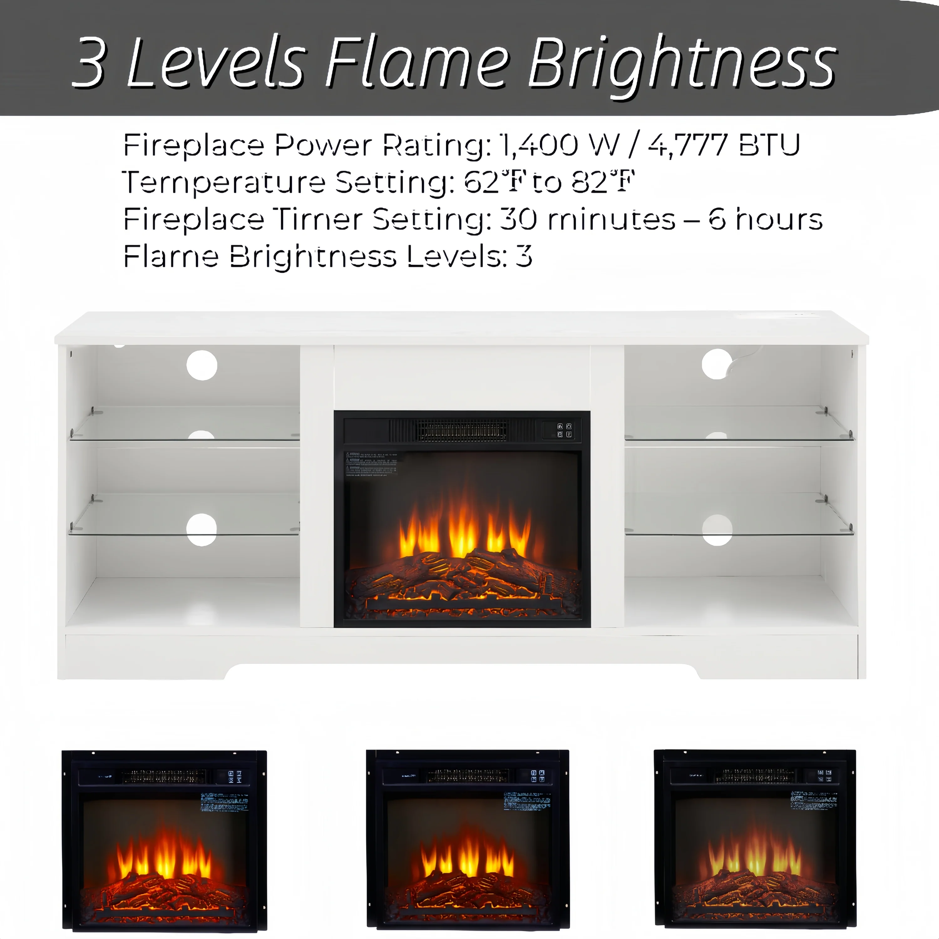 TV Stand Electric Fireplace TV Stand with Glass Shelves, 3D Fireplace TV Stand with LED Lights Wood with USB Charging Outlet Modern Television Table Center for TV up to 32-62' White 58''W*15.4''D*24.4 - Image 7