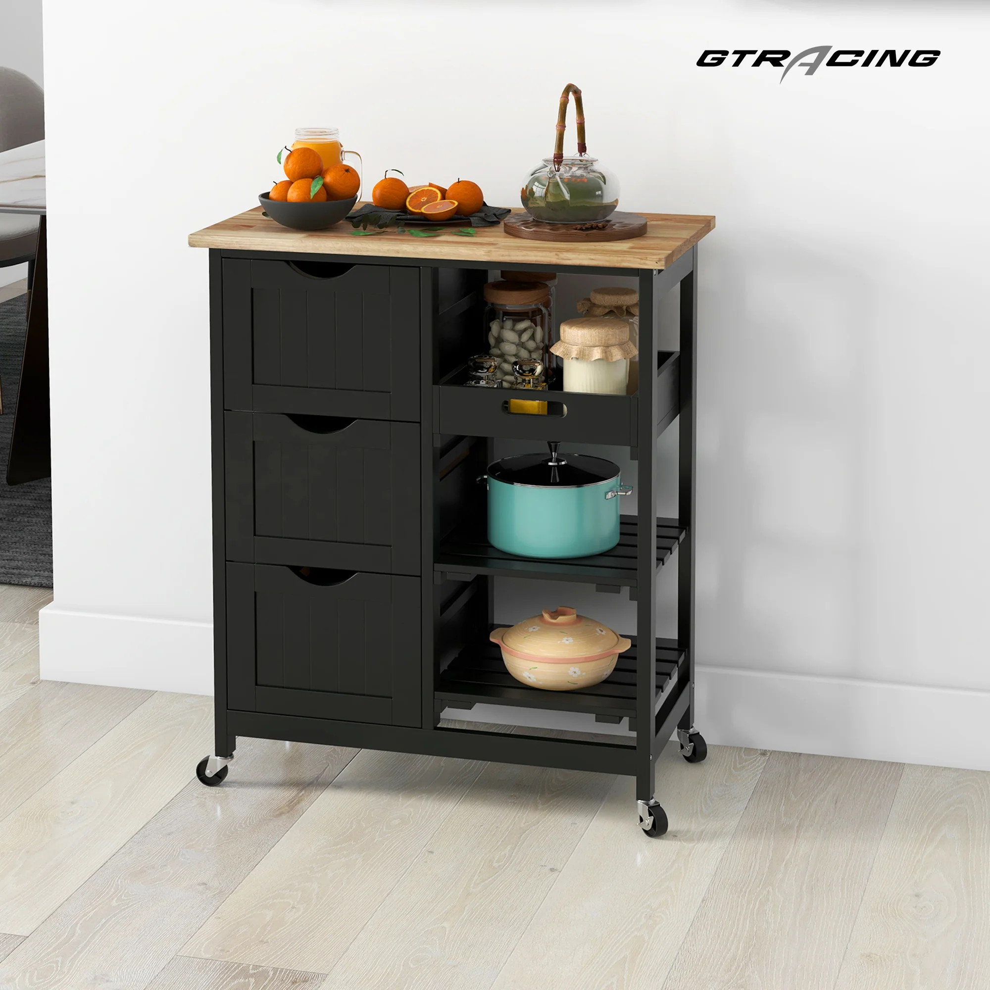 Rolling Kitchen Island Cart, Bar Serving Cart, Compact Trolley on Wheels with Wood Top, Shelves & Drawers for Home Dining Area, Black