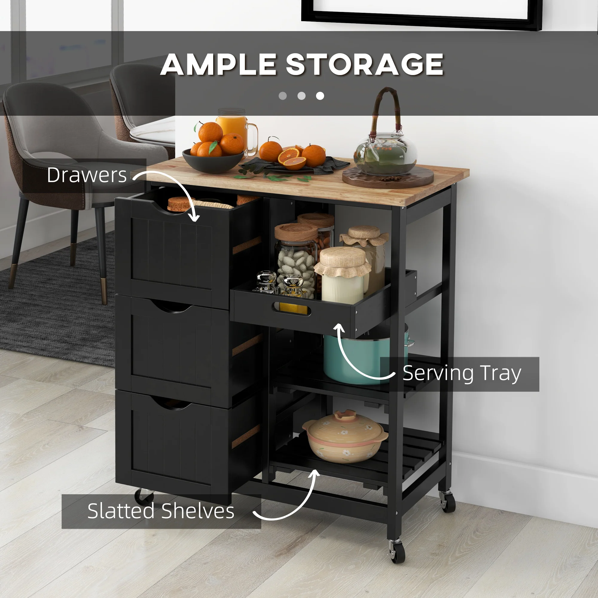 Rolling Kitchen Island Cart, Bar Serving Cart, Compact Trolley on Wheels with Wood Top, Shelves & Drawers for Home Dining Area, Black - Image 5