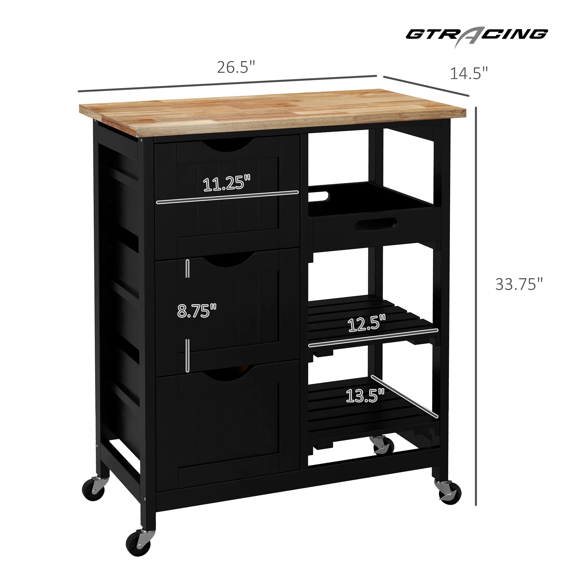 Rolling Kitchen Island Cart, Bar Serving Cart, Compact Trolley on Wheels with Wood Top, Shelves & Drawers for Home Dining Area, Black - Image 6
