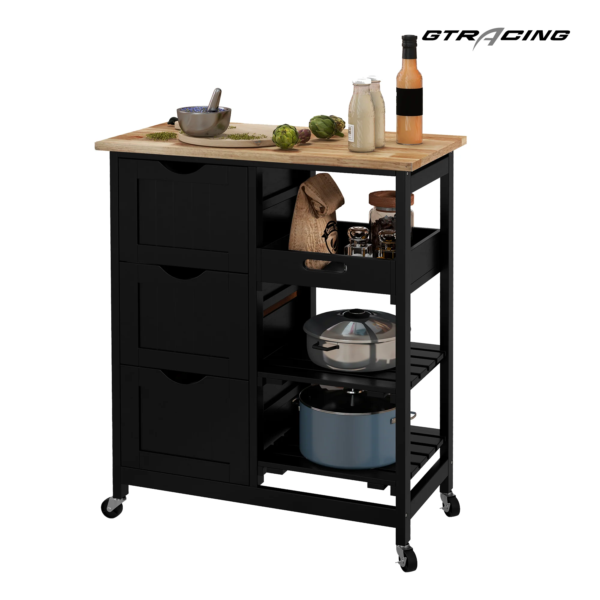Rolling Kitchen Island Cart, Bar Serving Cart, Compact Trolley on Wheels with Wood Top, Shelves & Drawers for Home Dining Area, Black - Image 7