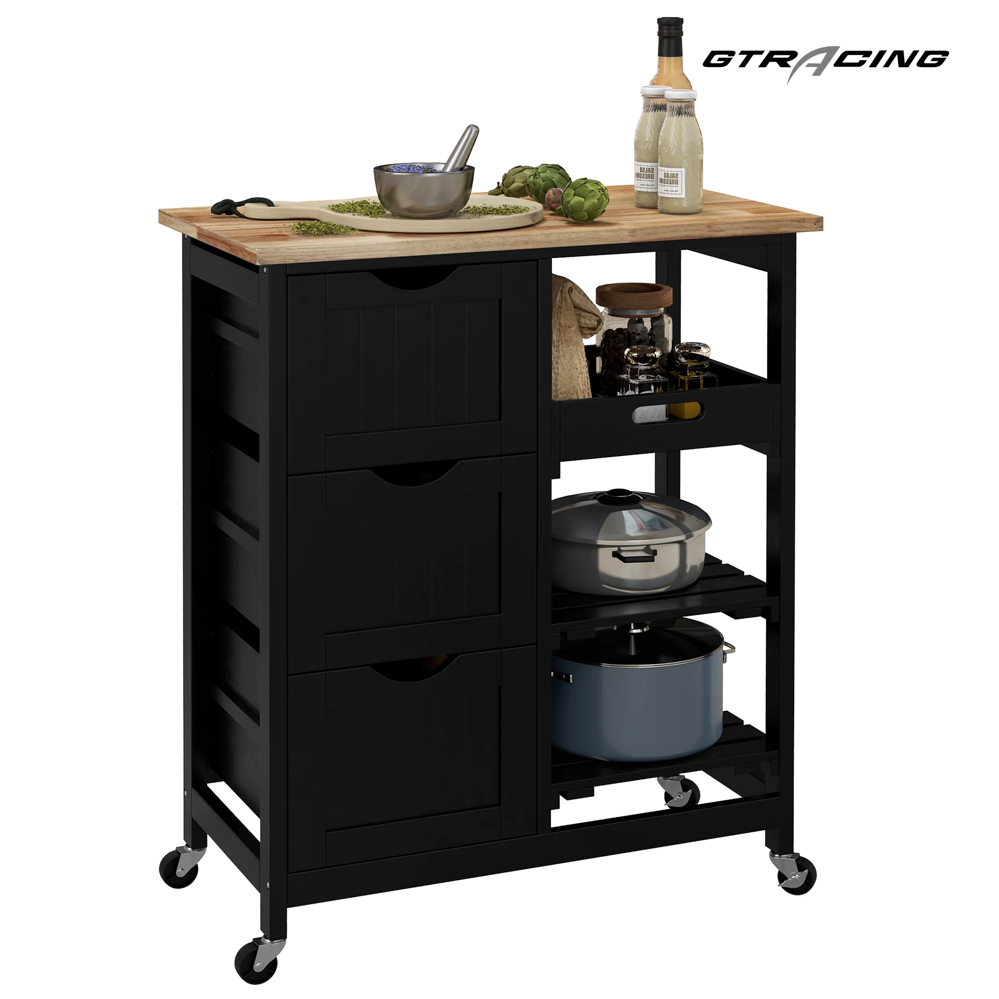 Rolling Kitchen Island Cart, Bar Serving Cart, Compact Trolley on Wheels with Wood Top, Shelves & Drawers for Home Dining Area, Black - Image 8