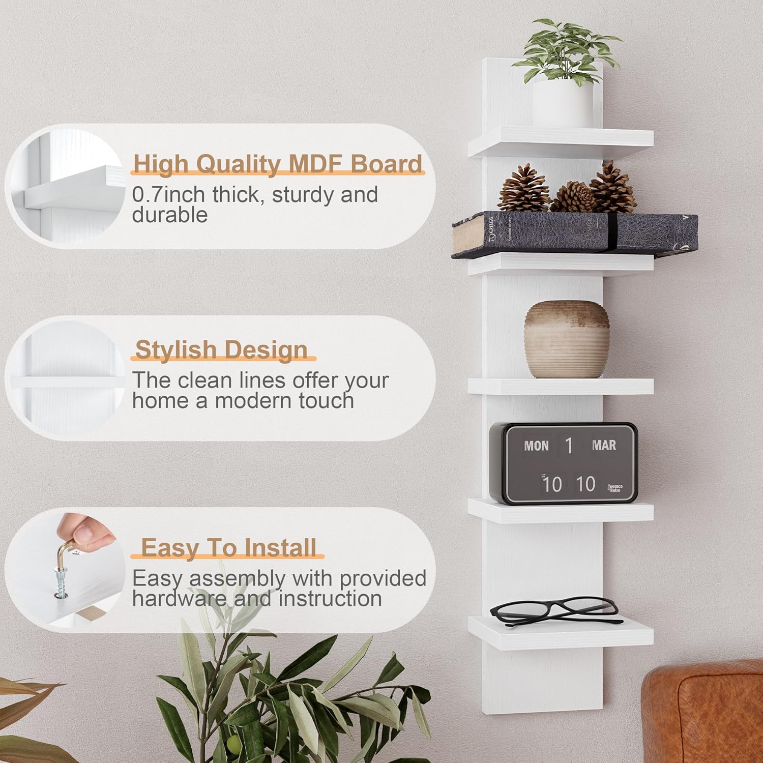 5-Tier White Vertical Floating Wall Shelf DX-QC046-WT - Image 4