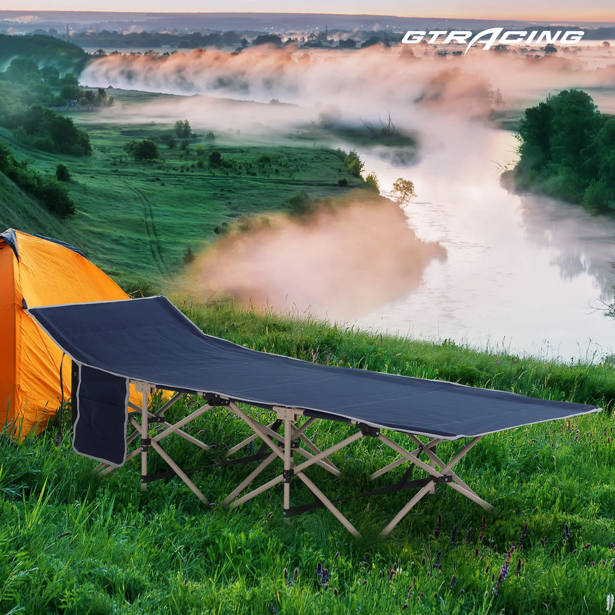Outsunny Folding Camping Cot for Adults with Carry Bag, Side Pocket, Outdoor Portable Sleeping Bed for Travel, Camp, Vacation, 330 lbs. Capacity, Blue - Image 3