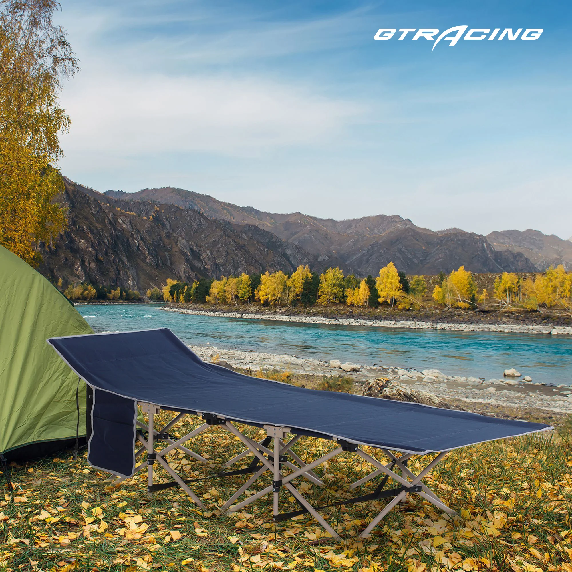 Outsunny Folding Camping Cot for Adults with Carry Bag, Side Pocket, Outdoor Portable Sleeping Bed for Travel, Camp, Vacation, 330 lbs. Capacity, Blue - Image 4