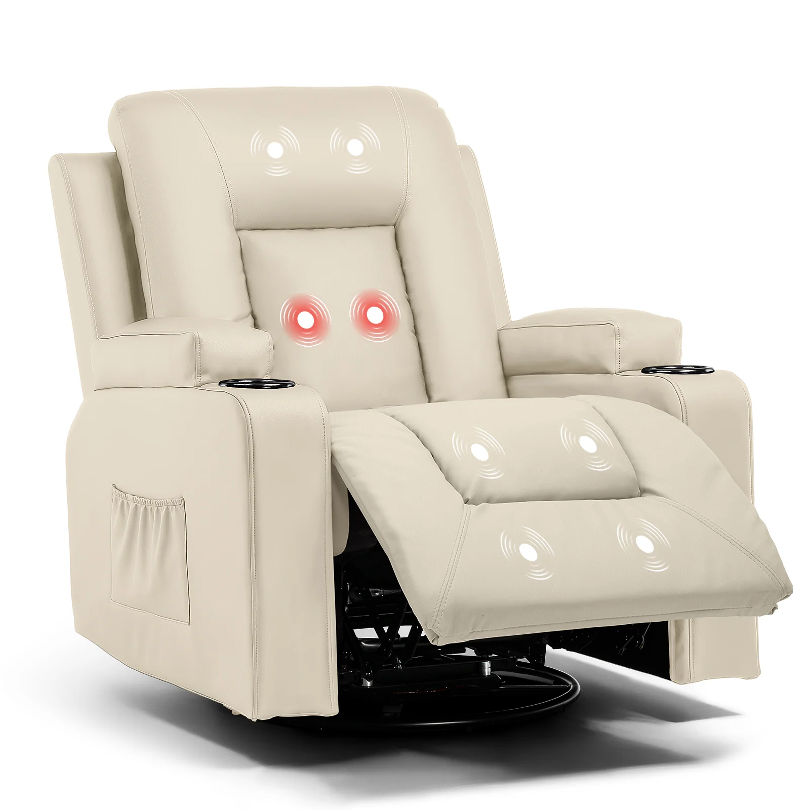 COMHOMA Recliner Chair, PU Rocking Chair for Adults, Swivel Recliner with Cup Holders, Heat and Massage, Single Sofa Seat with Side Pockets for Living Room, Bedroom (Black) - Image 11