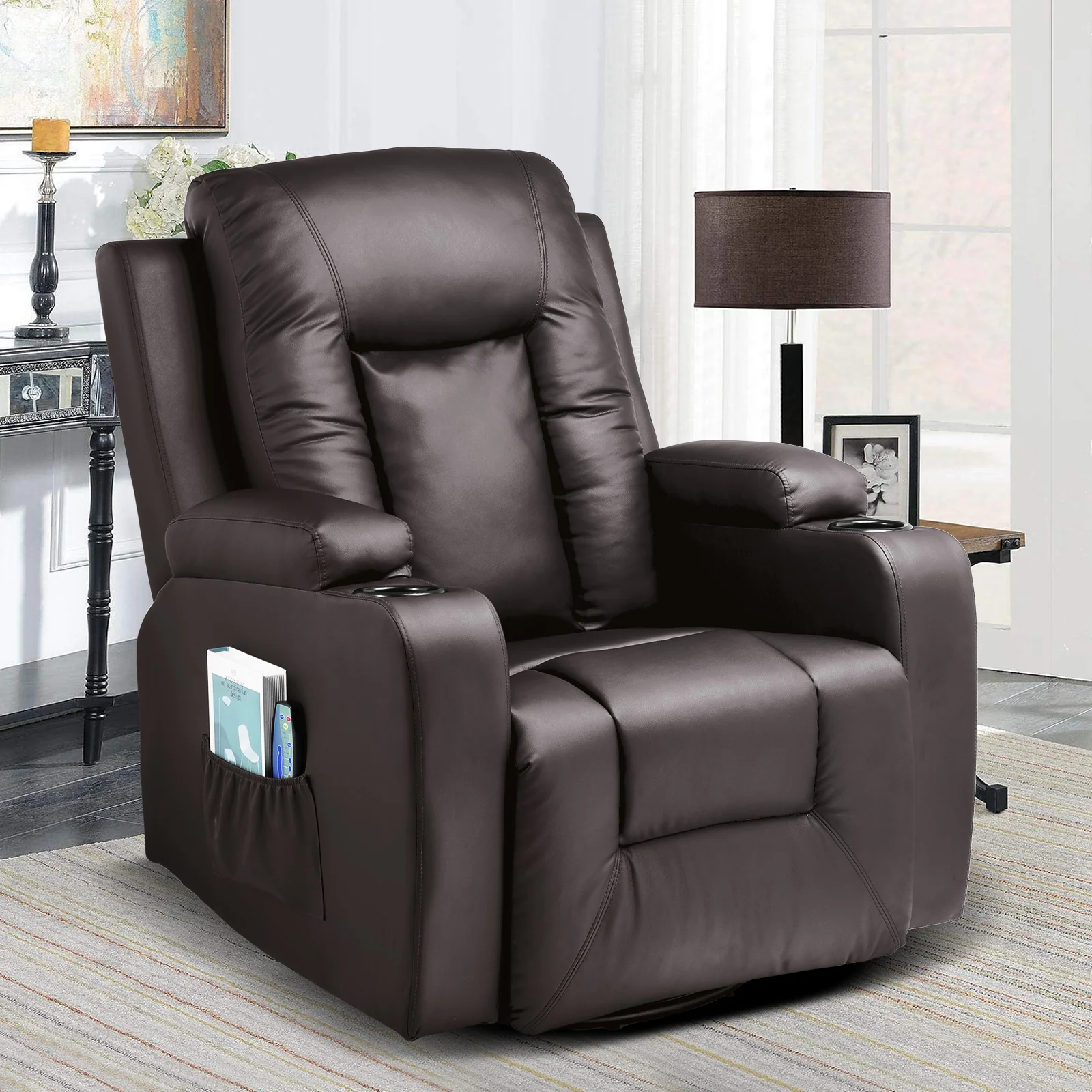 COMHOMA Recliner Chair, PU Rocking Chair for Adults, Swivel Recliner with Cup Holders, Heat and Massage, Single Sofa Seat with Side Pockets for Living Room, Bedroom (Black) - Image 14