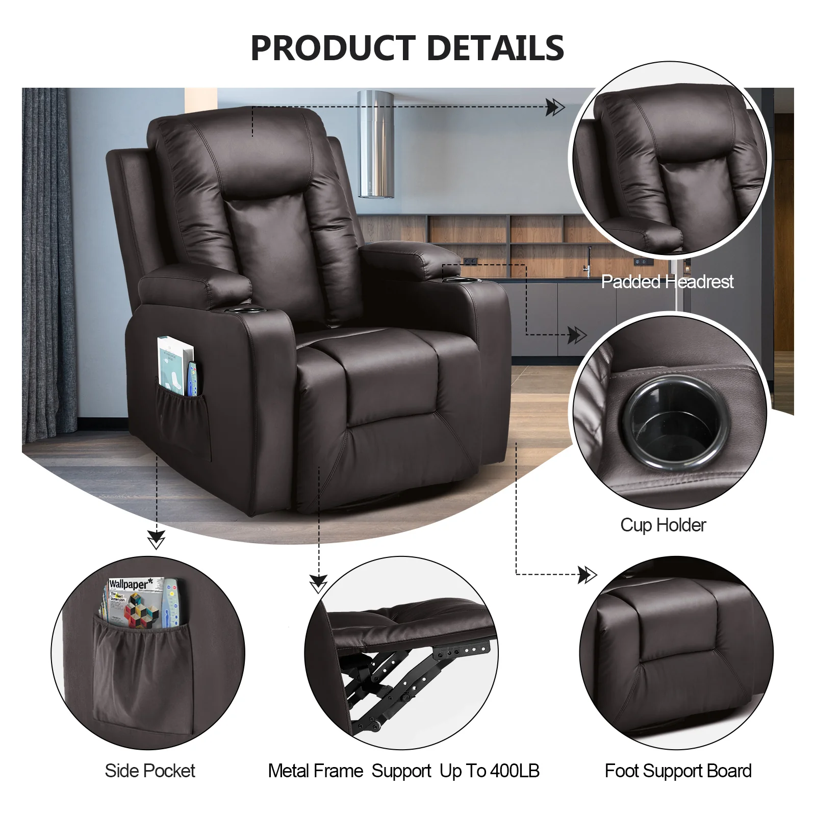 COMHOMA Recliner Chair, PU Rocking Chair for Adults, Swivel Recliner with Cup Holders, Heat and Massage, Single Sofa Seat with Side Pockets for Living Room, Bedroom (Black) - Image 15