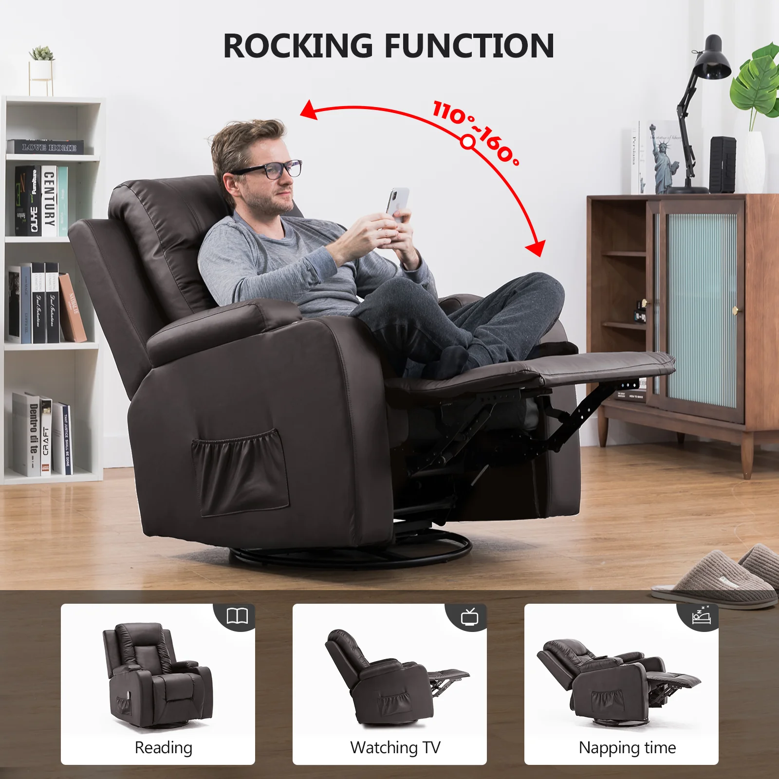 COMHOMA Recliner Chair, PU Rocking Chair for Adults, Swivel Recliner with Cup Holders, Heat and Massage, Single Sofa Seat with Side Pockets for Living Room, Bedroom (Black) - Image 17