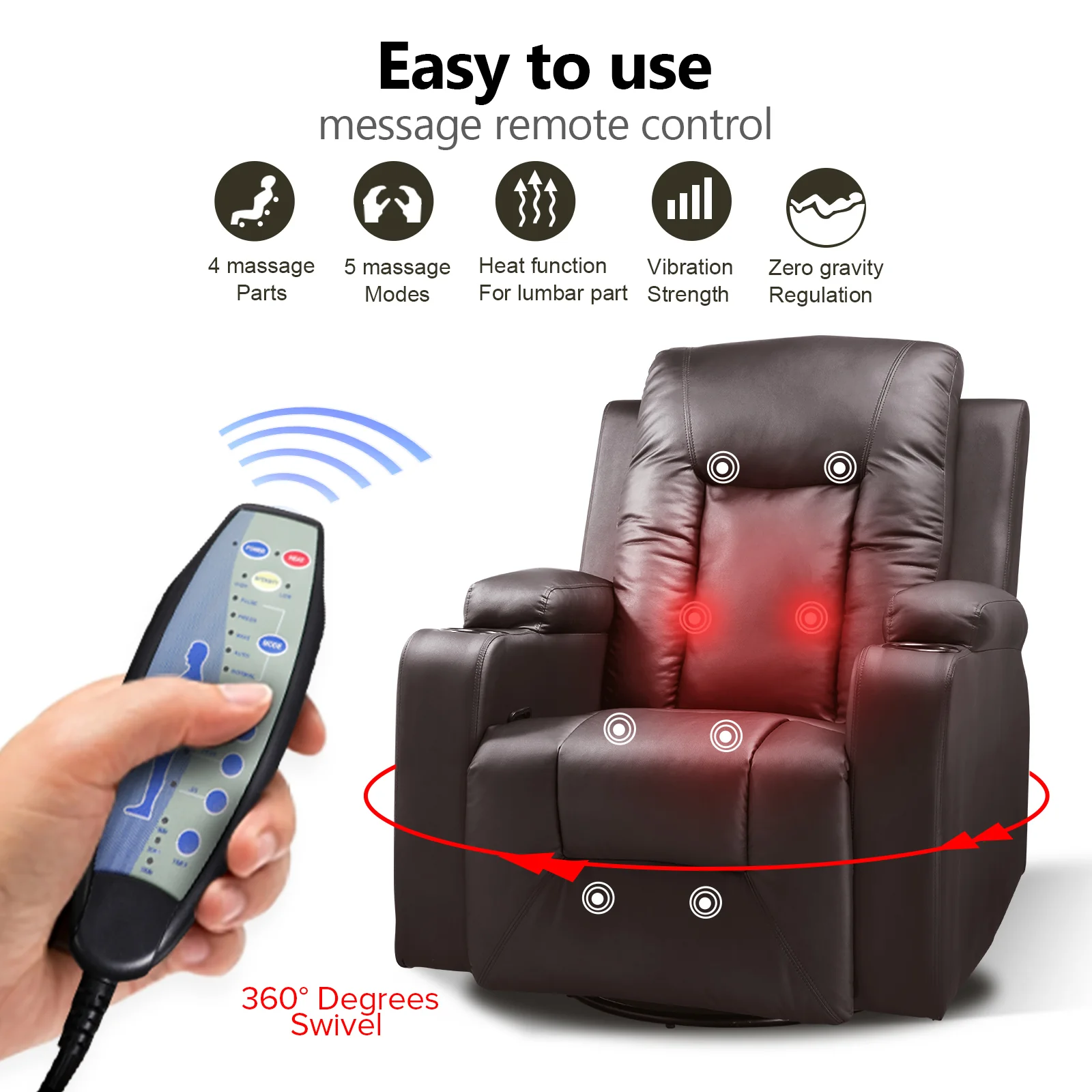 COMHOMA Recliner Chair, PU Rocking Chair for Adults, Swivel Recliner with Cup Holders, Heat and Massage, Single Sofa Seat with Side Pockets for Living Room, Bedroom (Black) - Image 18