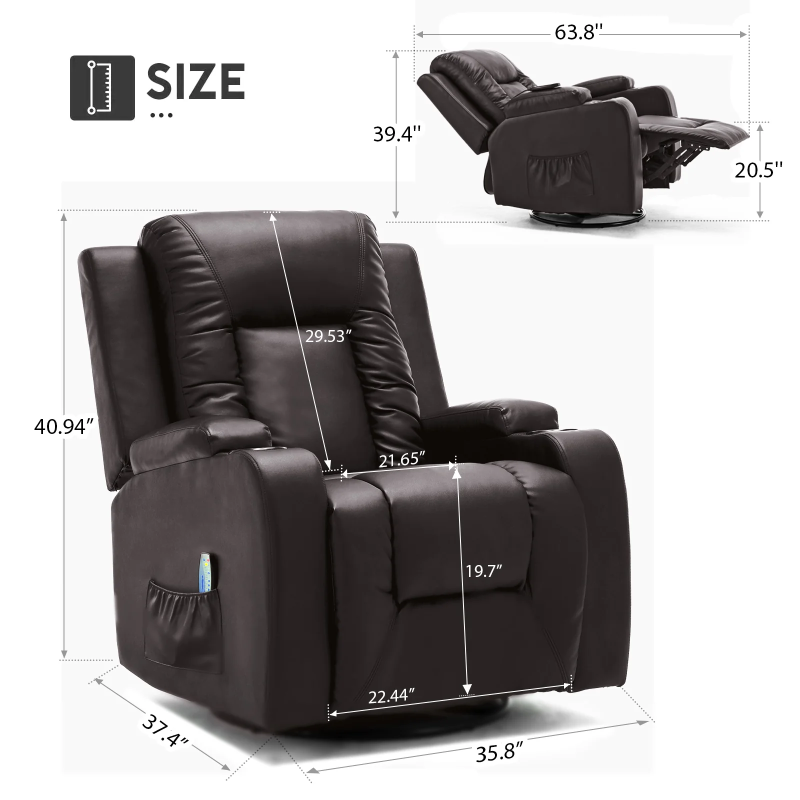 COMHOMA Recliner Chair, PU Rocking Chair for Adults, Swivel Recliner with Cup Holders, Heat and Massage, Single Sofa Seat with Side Pockets for Living Room, Bedroom (Black) - Image 19