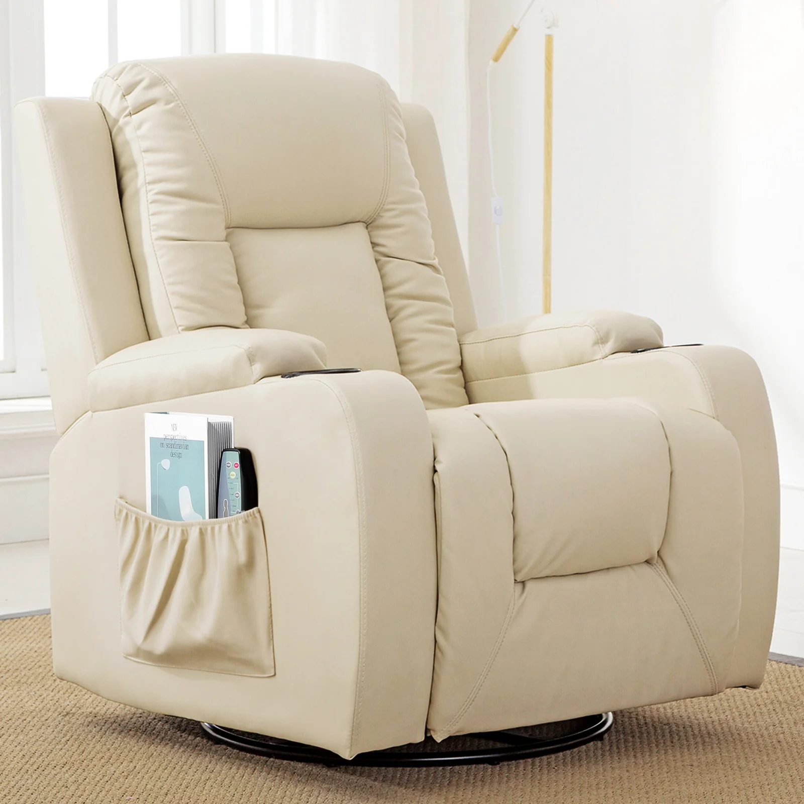 COMHOMA Recliner Chair, PU Rocking Chair for Adults, Swivel Recliner with Cup Holders, Heat and Massage, Single Sofa Seat with Side Pockets for Living Room, Bedroom (Black) - Image 20