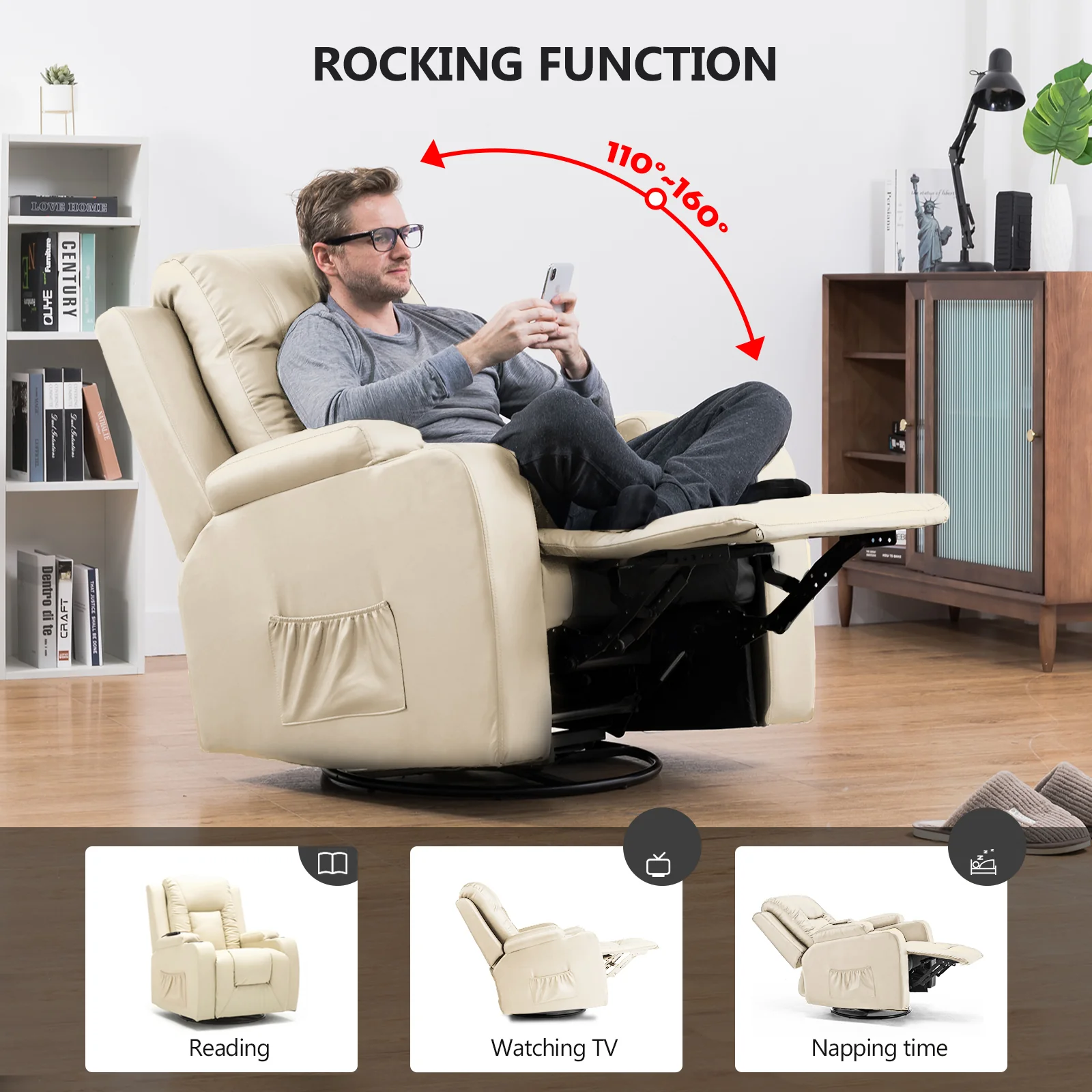 COMHOMA Recliner Chair, PU Rocking Chair for Adults, Swivel Recliner with Cup Holders, Heat and Massage, Single Sofa Seat with Side Pockets for Living Room, Bedroom (Black) - Image 22
