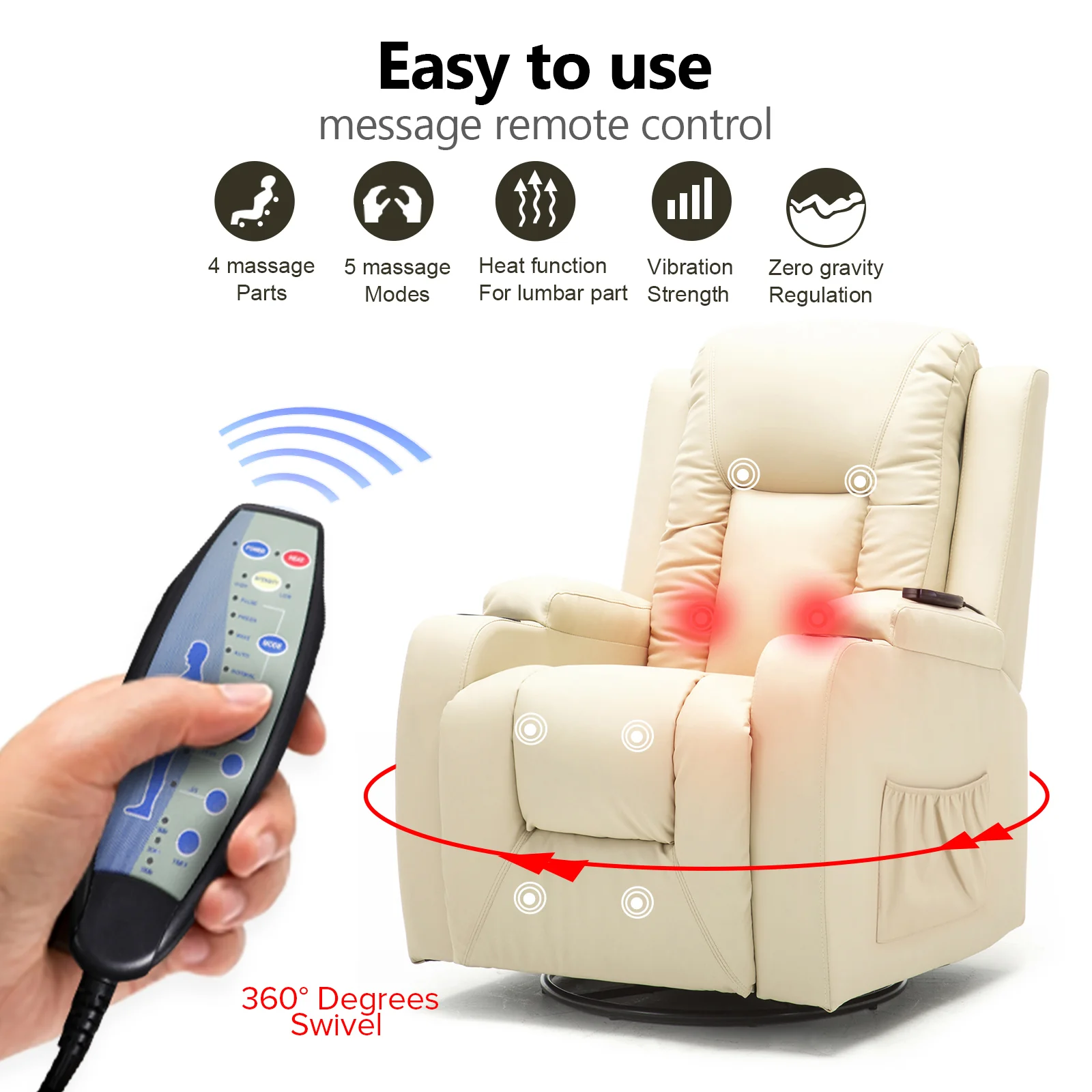 COMHOMA Recliner Chair, PU Rocking Chair for Adults, Swivel Recliner with Cup Holders, Heat and Massage, Single Sofa Seat with Side Pockets for Living Room, Bedroom (Black) - Image 23