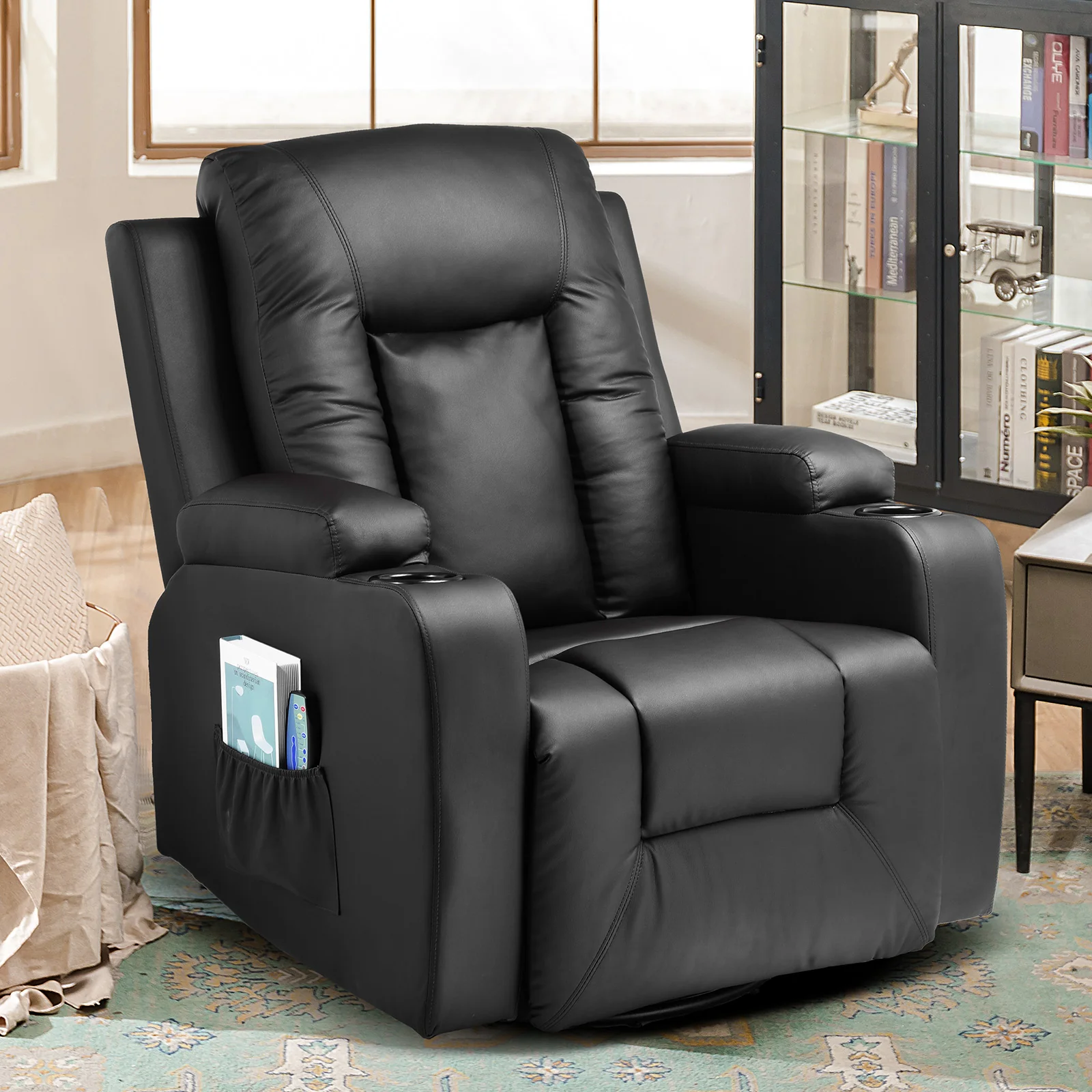 COMHOMA Recliner Chair, PU Rocking Chair for Adults, Swivel Recliner with Cup Holders, Heat and Massage, Single Sofa Seat with Side Pockets for Living Room, Bedroom (Black) - Image 3