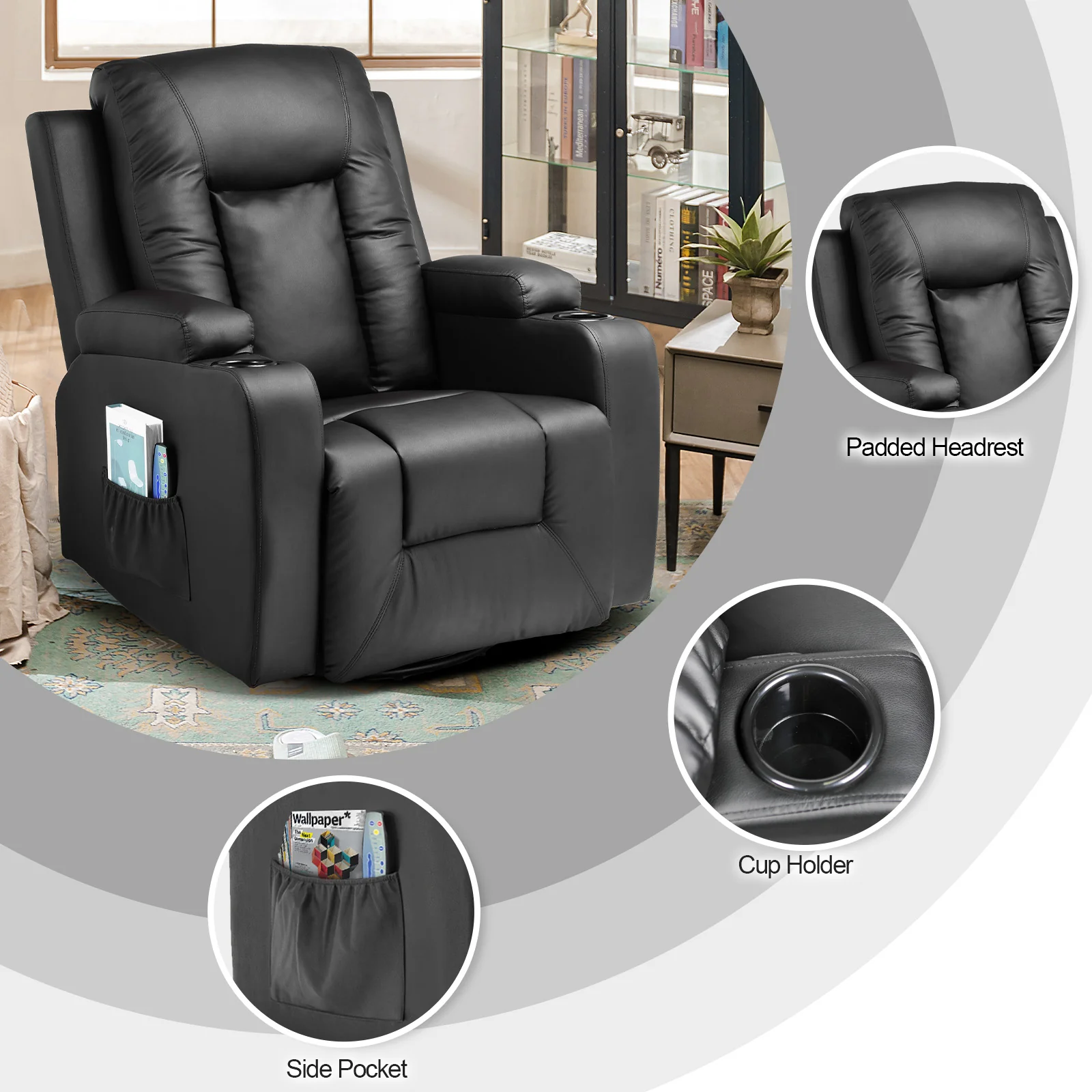 COMHOMA Recliner Chair, PU Rocking Chair for Adults, Swivel Recliner with Cup Holders, Heat and Massage, Single Sofa Seat with Side Pockets for Living Room, Bedroom (Black) - Image 4