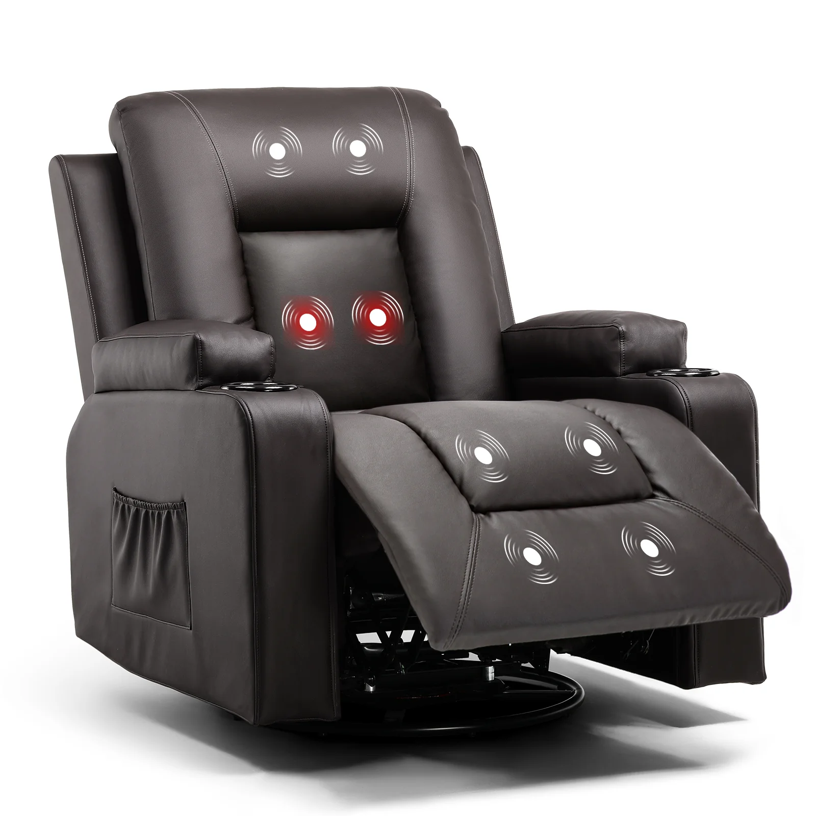 COMHOMA Recliner Chair, PU Rocking Chair for Adults, Swivel Recliner with Cup Holders, Heat and Massage, Single Sofa Seat with Side Pockets for Living Room, Bedroom (Black) - Image 5
