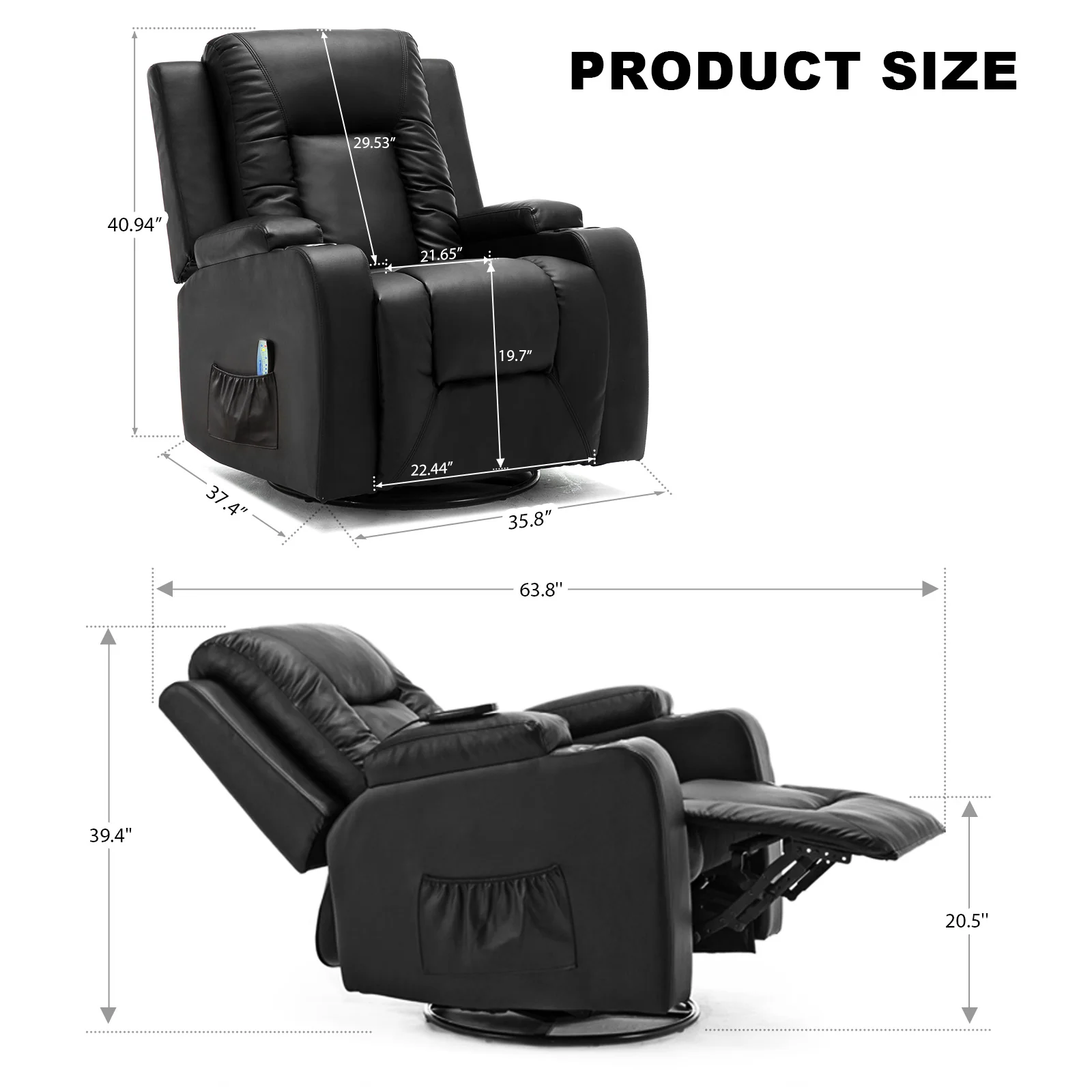 COMHOMA Recliner Chair, PU Rocking Chair for Adults, Swivel Recliner with Cup Holders, Heat and Massage, Single Sofa Seat with Side Pockets for Living Room, Bedroom (Black) - Image 6