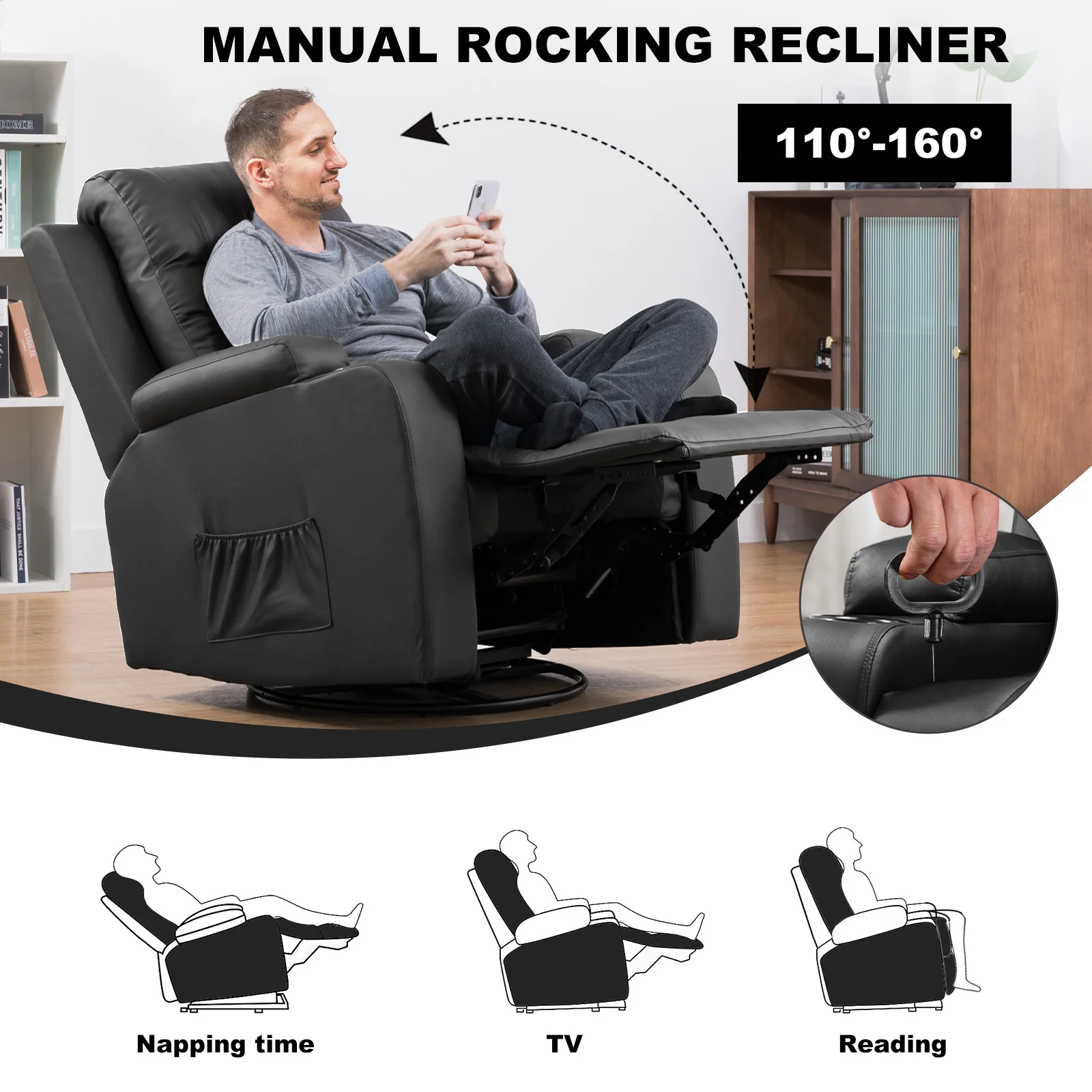 COMHOMA Recliner Chair, PU Rocking Chair for Adults, Swivel Recliner with Cup Holders, Heat and Massage, Single Sofa Seat with Side Pockets for Living Room, Bedroom (Black) - Image 7