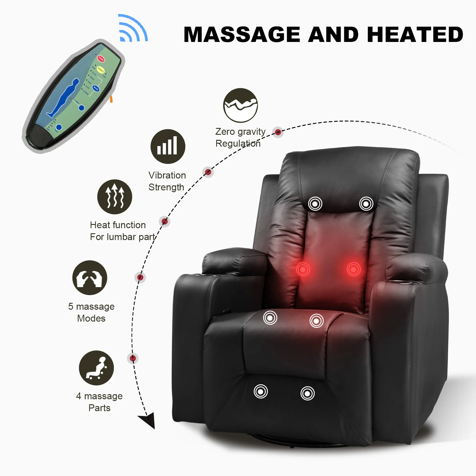 COMHOMA Recliner Chair, PU Rocking Chair for Adults, Swivel Recliner with Cup Holders, Heat and Massage, Single Sofa Seat with Side Pockets for Living Room, Bedroom (Black) - Image 8