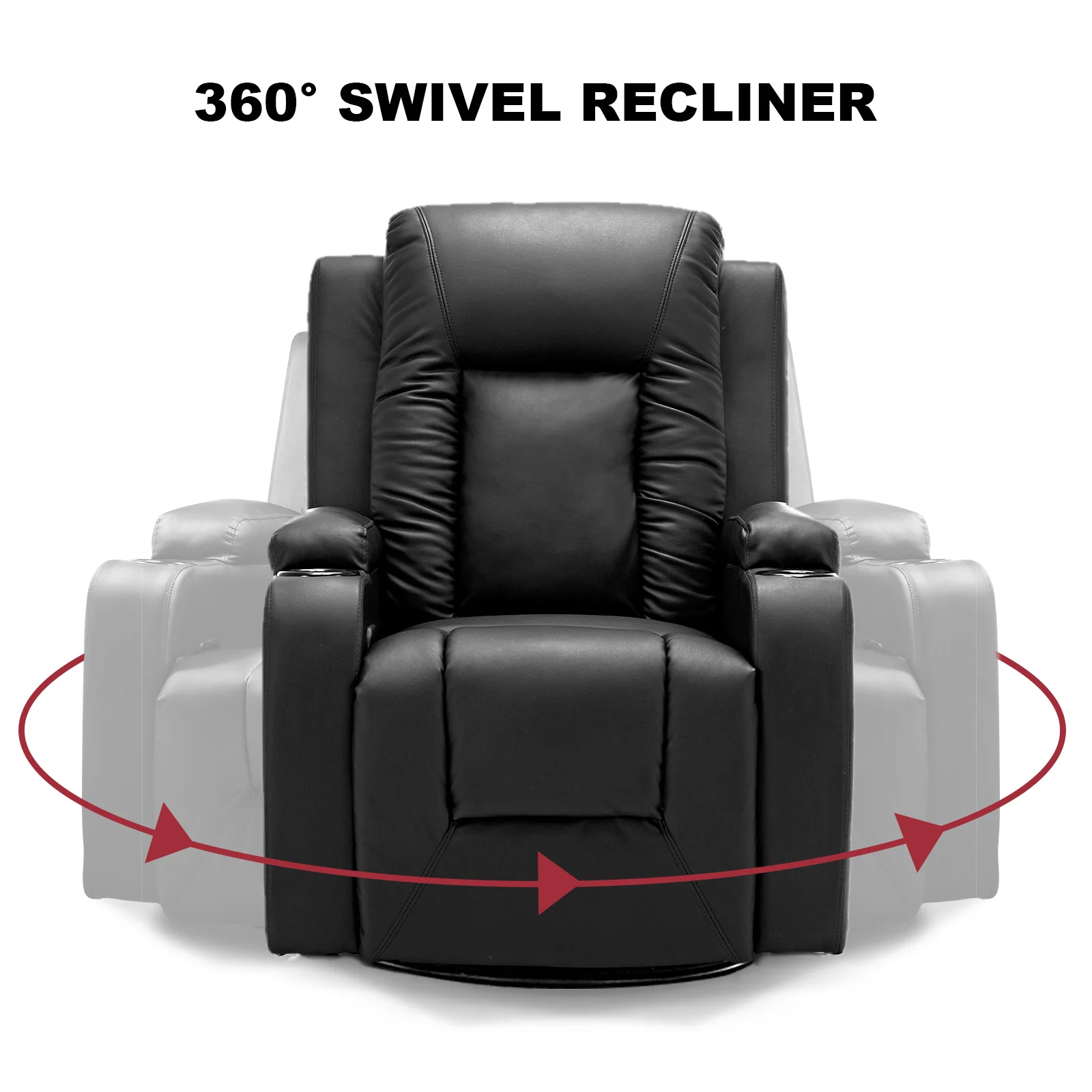 COMHOMA Recliner Chair, PU Rocking Chair for Adults, Swivel Recliner with Cup Holders, Heat and Massage, Single Sofa Seat with Side Pockets for Living Room, Bedroom (Black) - Image 9