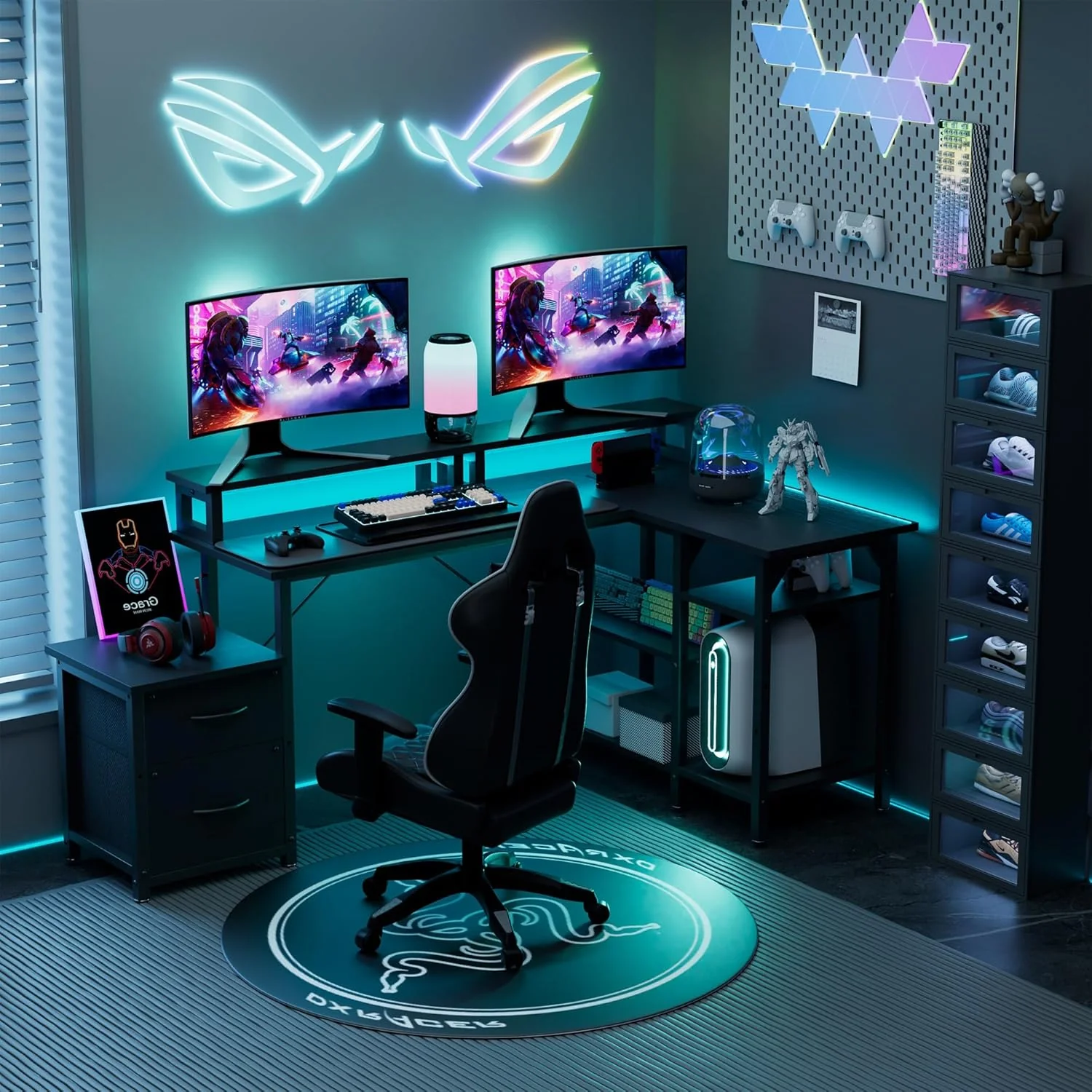 L Shaped Gaming Desk with Power Outlets & LED Lights
