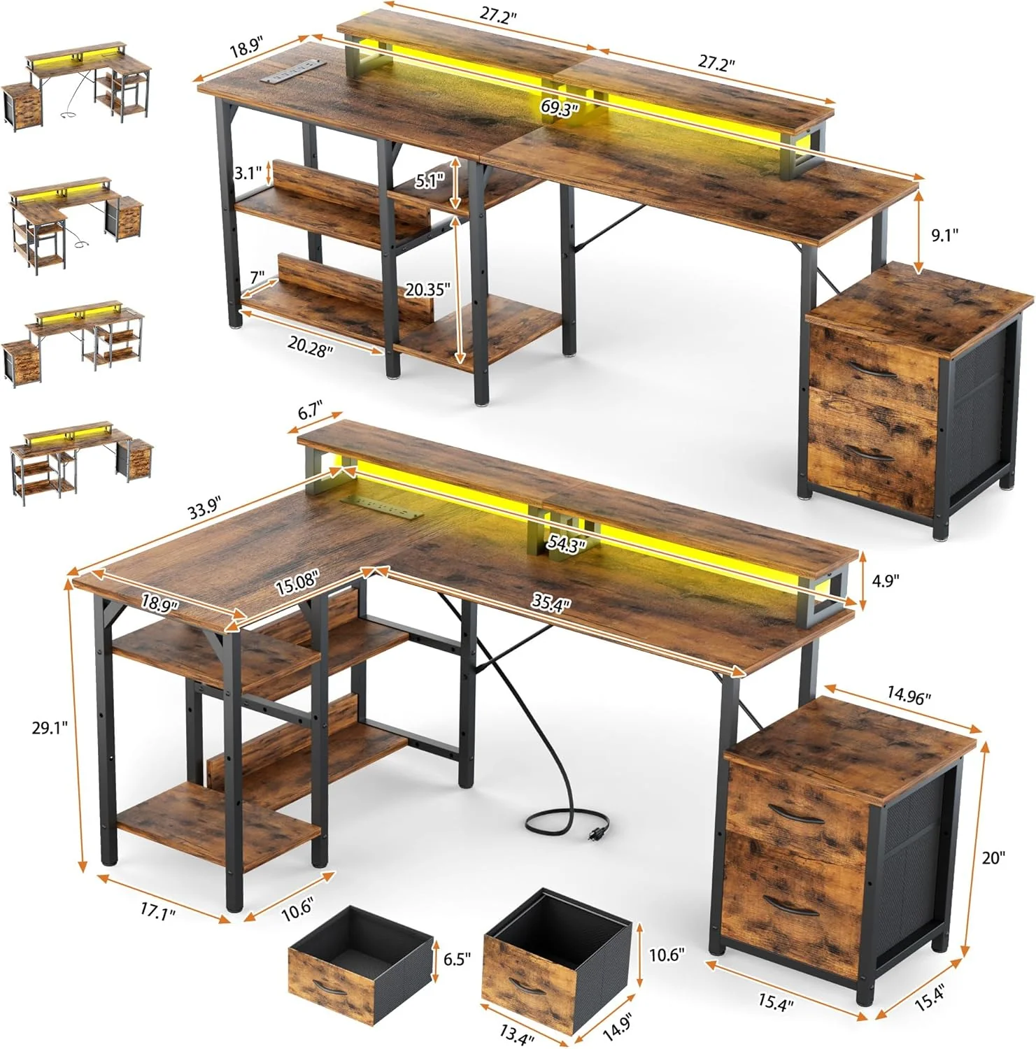 L Shaped Gaming Desk with Power Outlets & LED Lights - Image 10