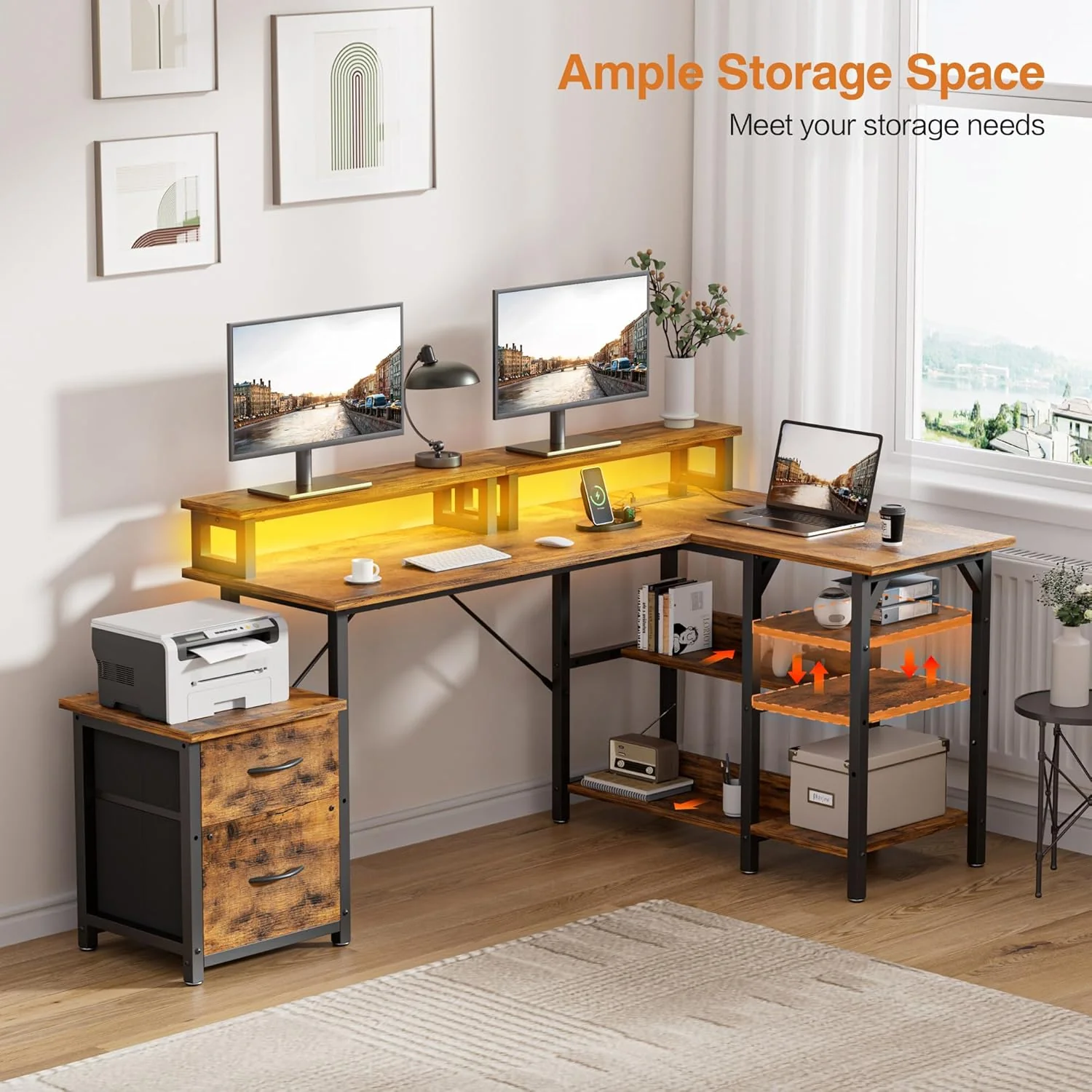 L Shaped Gaming Desk with Power Outlets & LED Lights - Image 11