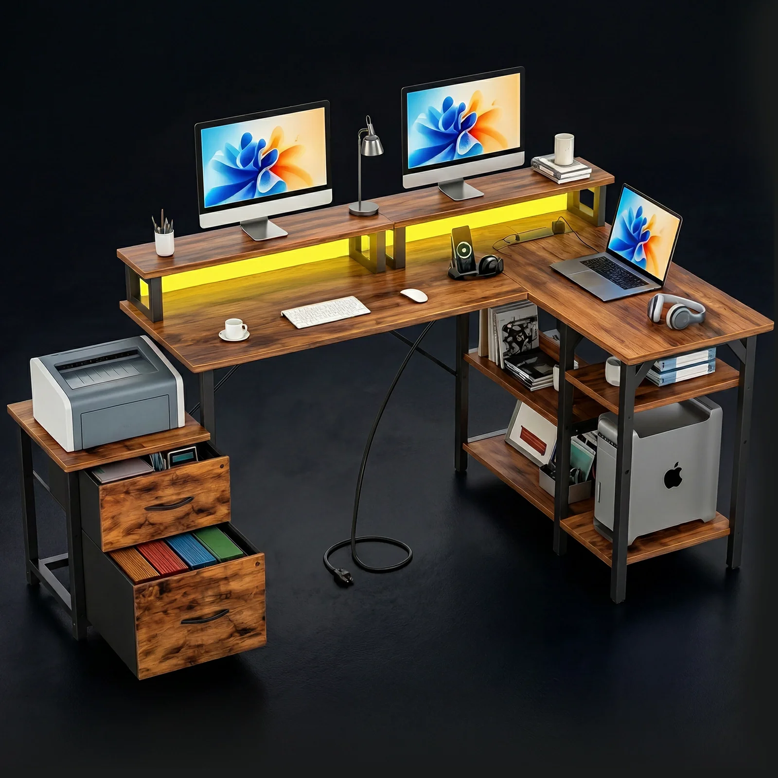 L Shaped Gaming Desk with Power Outlets & LED Lights - Image 13