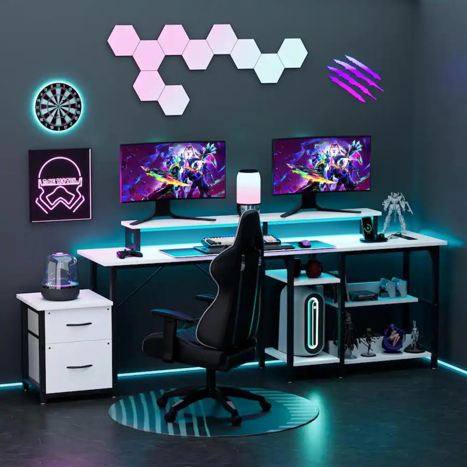 L Shaped Gaming Desk with Power Outlets & LED Lights - Image 17