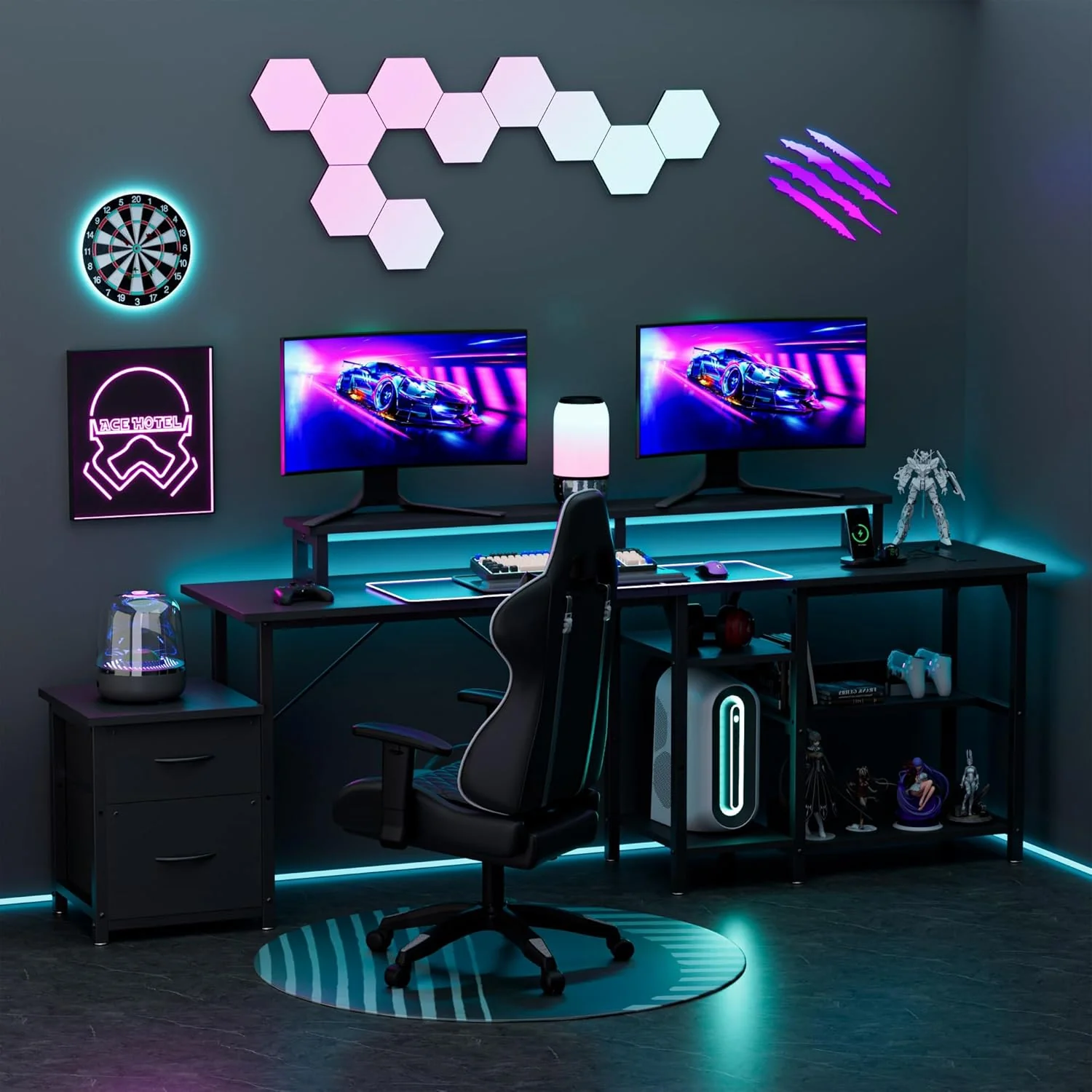 L Shaped Gaming Desk with Power Outlets & LED Lights - Image 2
