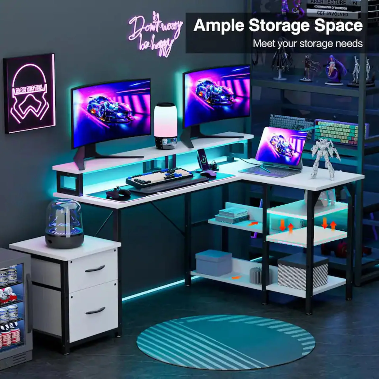 L Shaped Gaming Desk with Power Outlets & LED Lights - Image 20