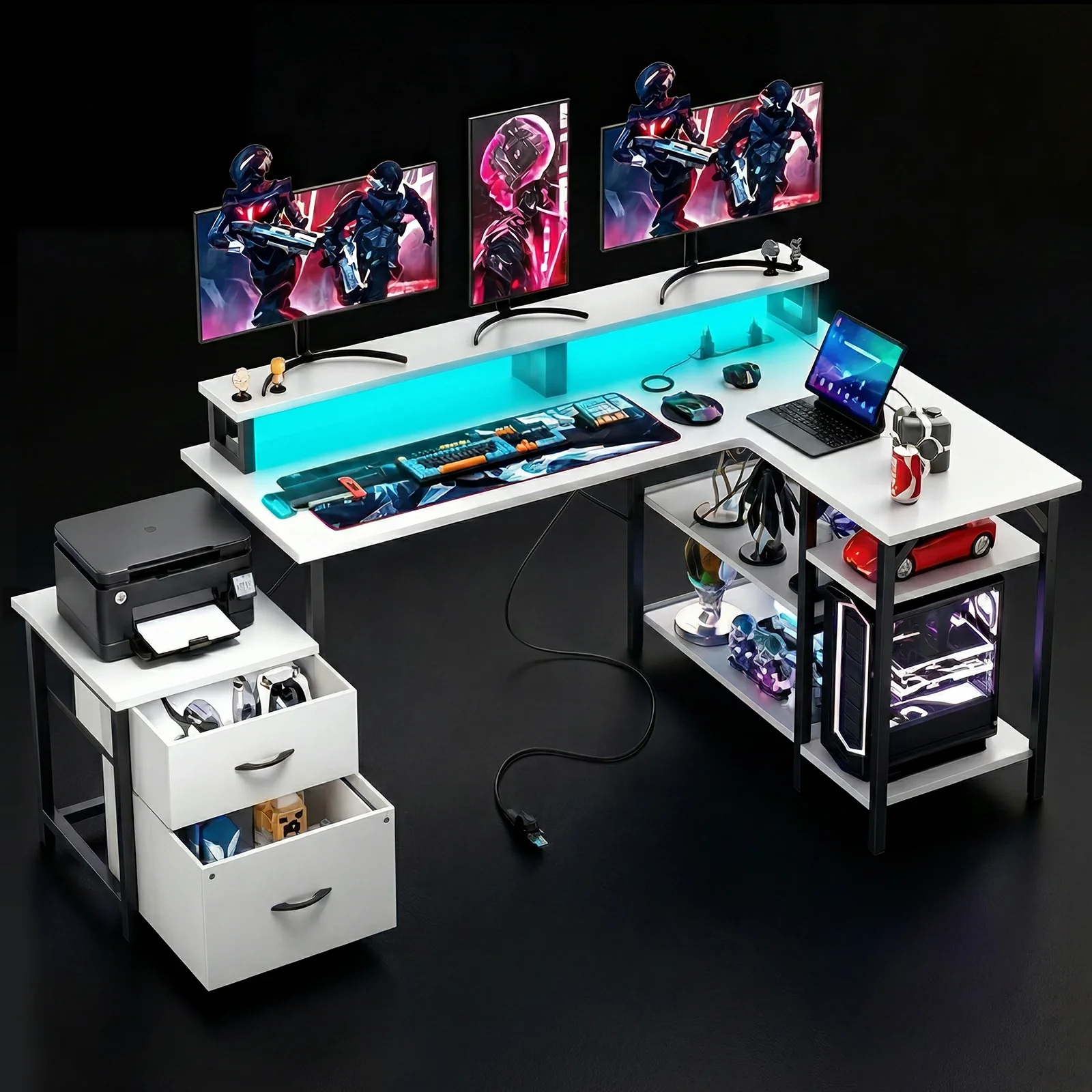 L Shaped Gaming Desk with Power Outlets & LED Lights - Image 21