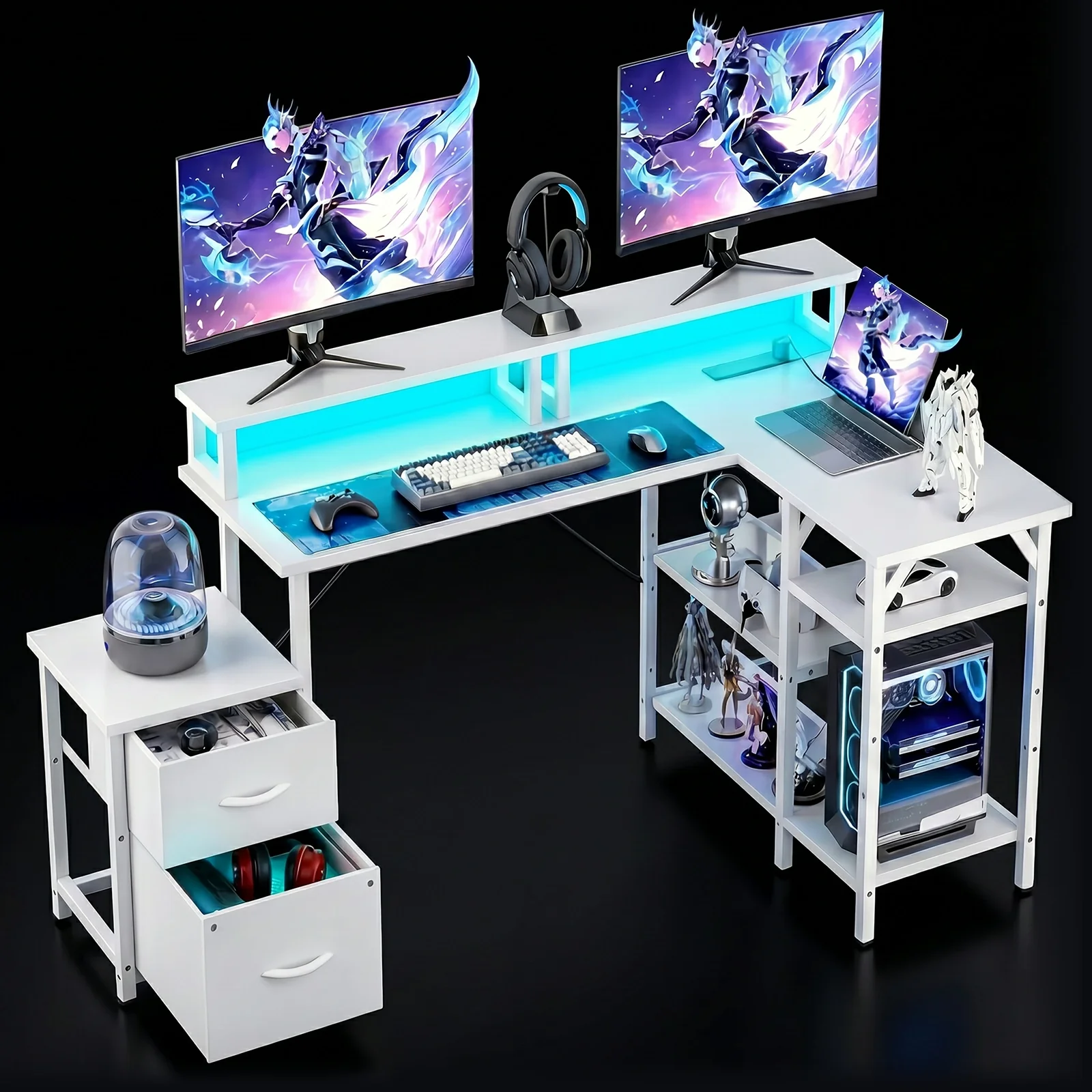 L Shaped Gaming Desk with Power Outlets & LED Lights - Image 22