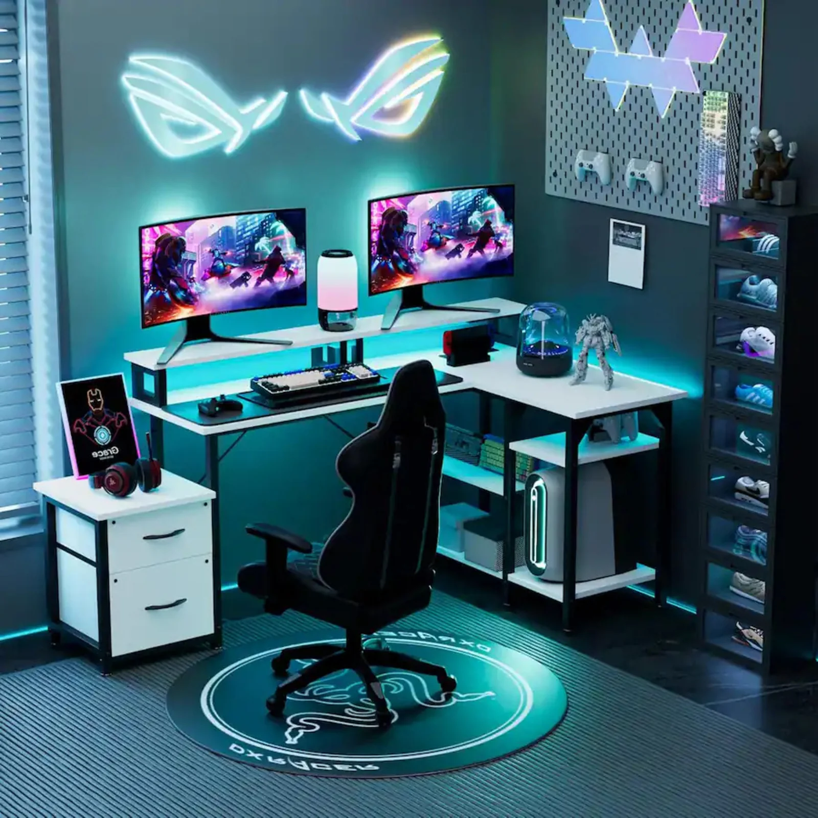 L Shaped Gaming Desk with Power Outlets & LED Lights - Image 23