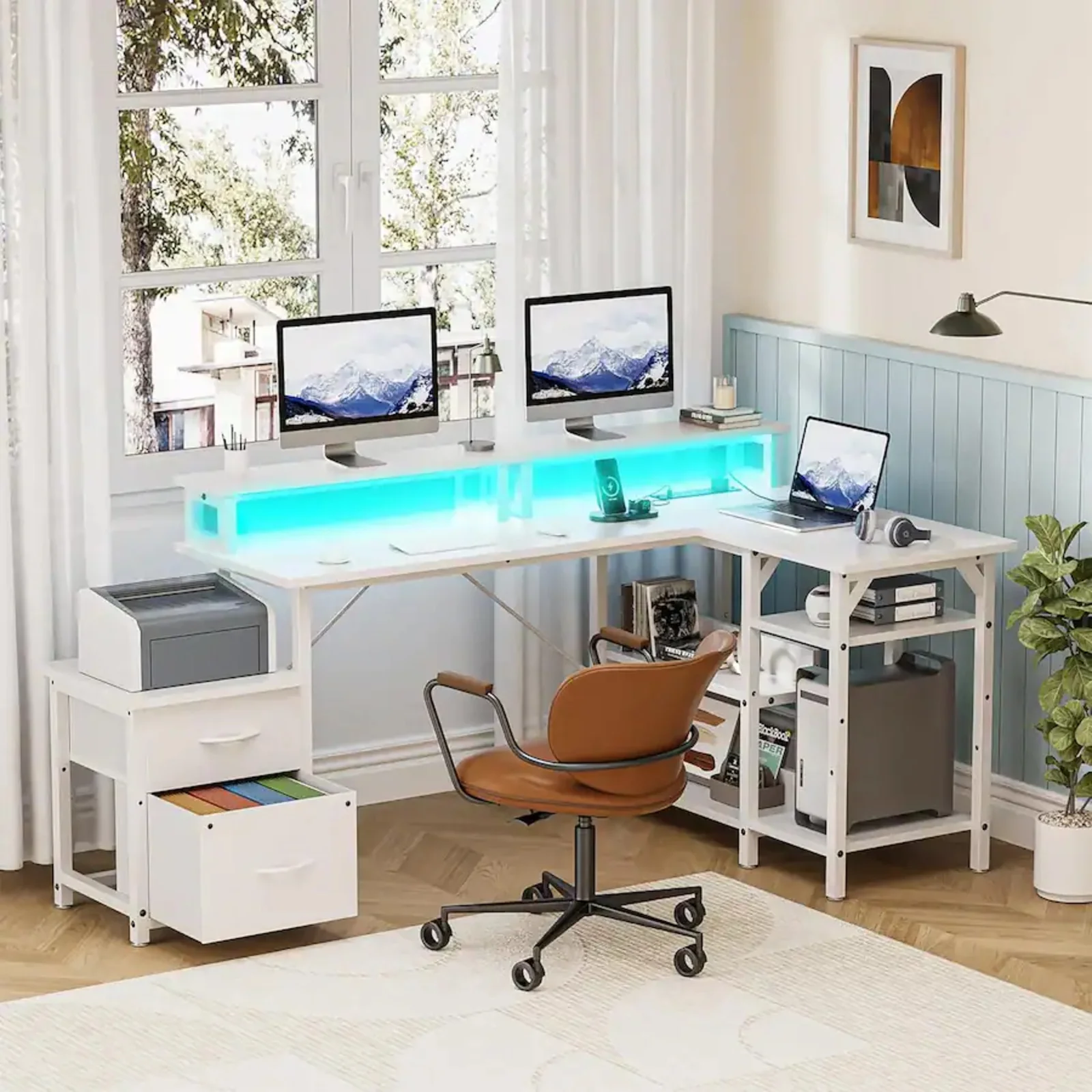 L Shaped Gaming Desk with Power Outlets & LED Lights - Image 27