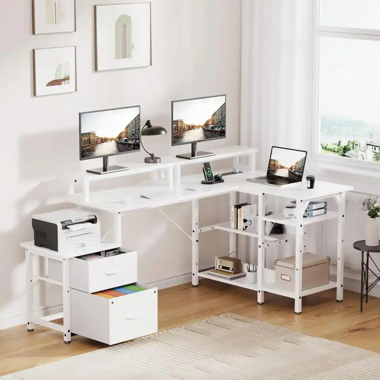 L Shaped Gaming Desk with Power Outlets & LED Lights - Image 29