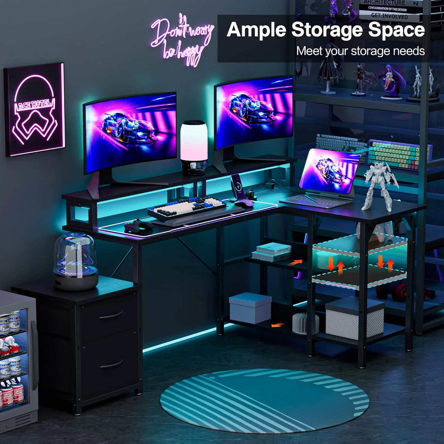 L Shaped Gaming Desk with Power Outlets & LED Lights - Image 3