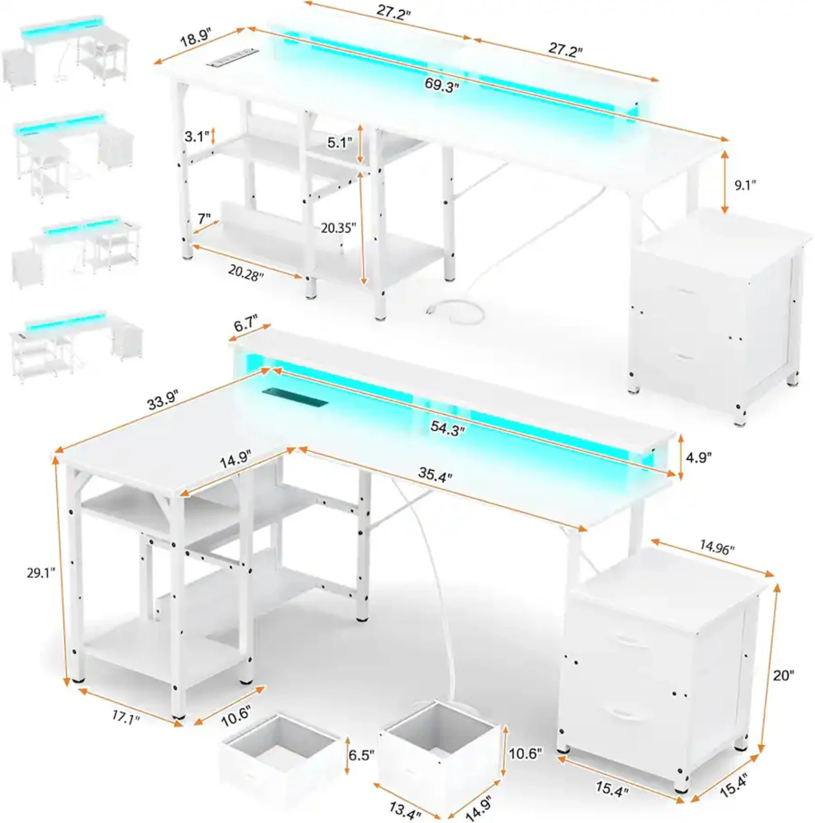 L Shaped Gaming Desk with Power Outlets & LED Lights - Image 31