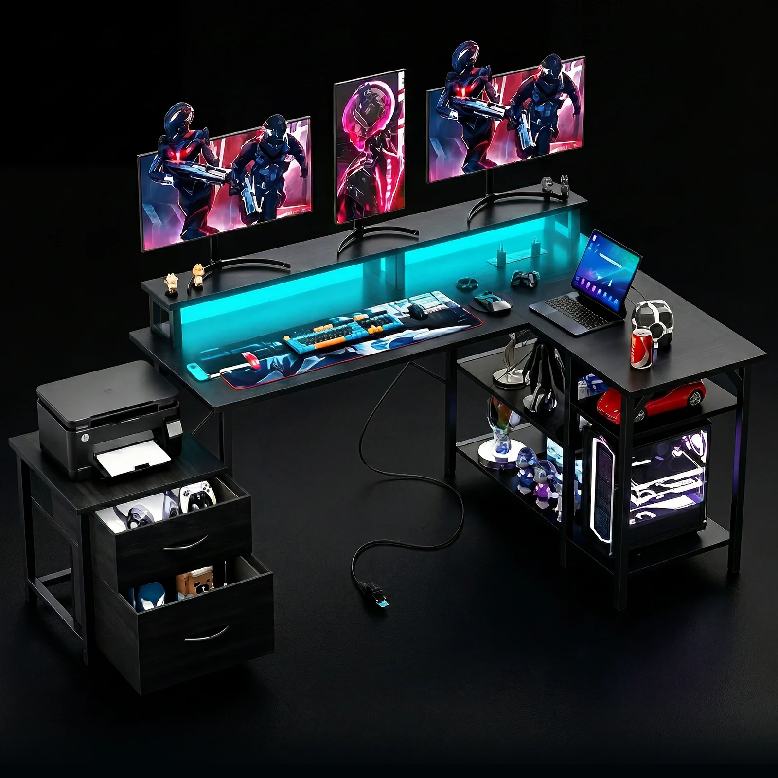 L Shaped Gaming Desk with Power Outlets & LED Lights - Image 4